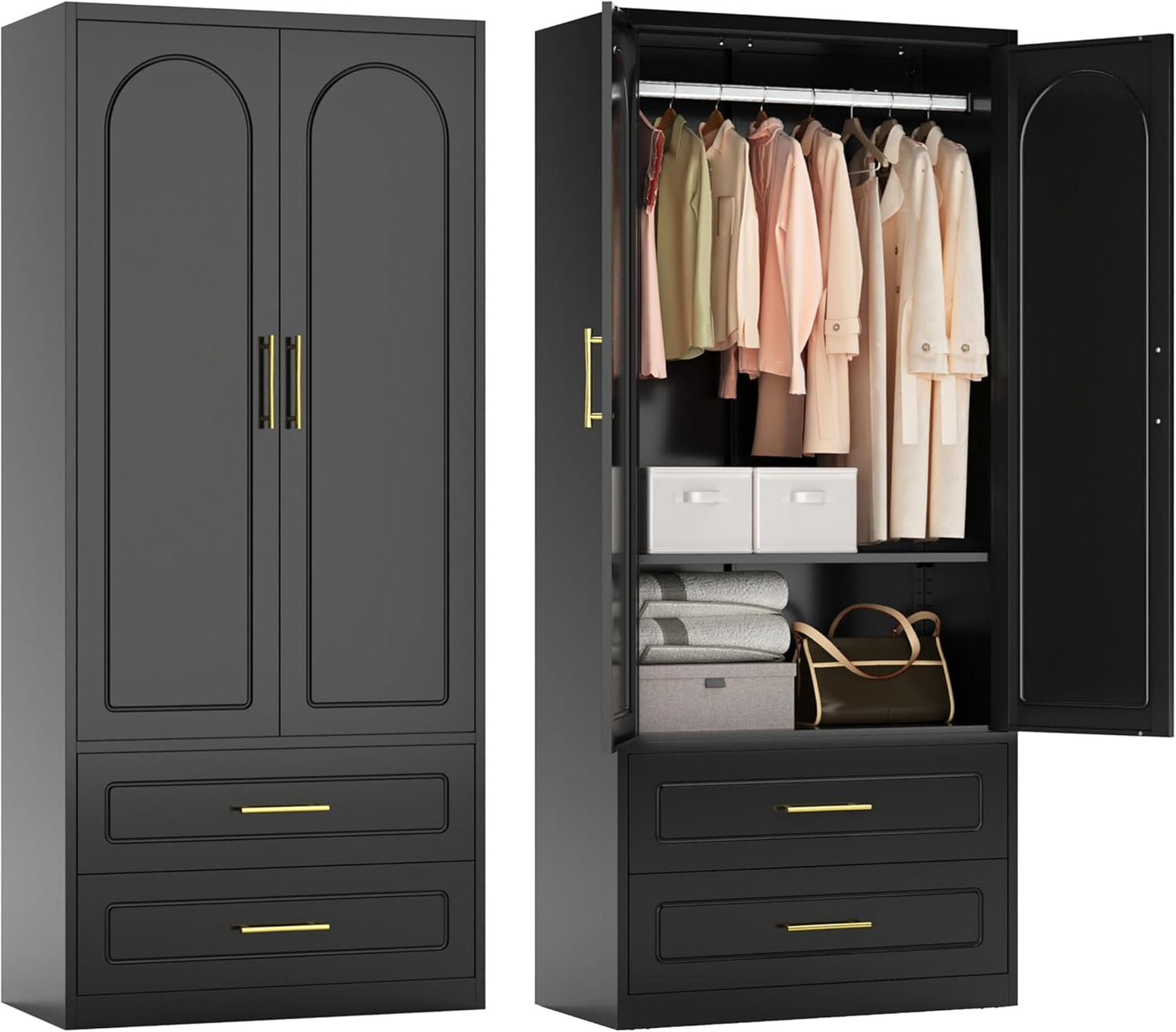 Metal Armoire Wardrobe Closet with Two Drawers, 71" Tall Large Wardrobe Cabinet with Hanging Rod, Clothing Storage Cabinet with Doors and Shelves for Bedroom, Black, Assemble Required