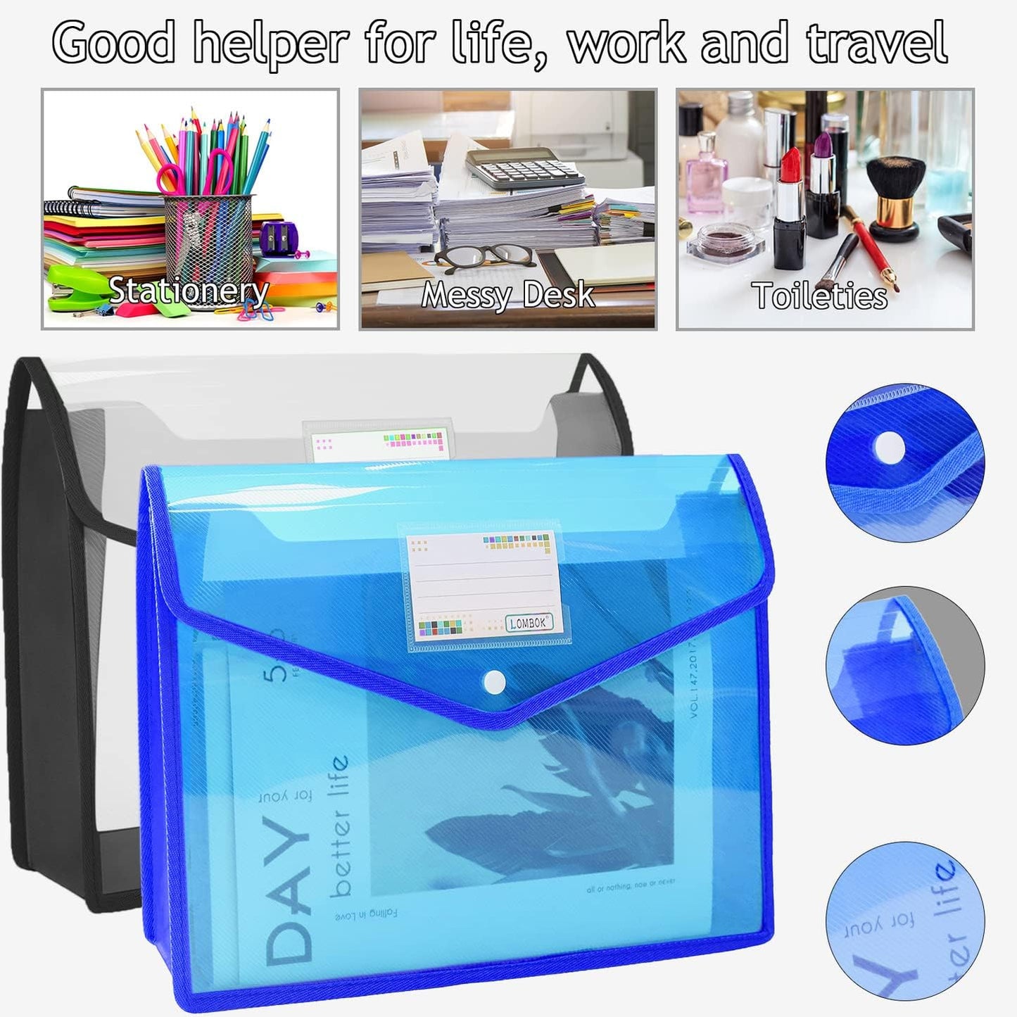 YoeeJob Plastic File Folders Legal Size 2 Pcs, Expandable Document Folder with Snap Button Closure, A4 Expanding File Wallet Envelopes Pouch with Label Pocket, Black&Blue