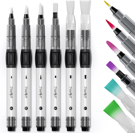 JusArt Water Brush Pens 6-Pack Leak-Proof Refillable Watercolor Pens for Acrylic and Gouache Painting - Includes Pointed & Flat Tip Styles - Portable Water Brushes for Artists, Beginners, Kids