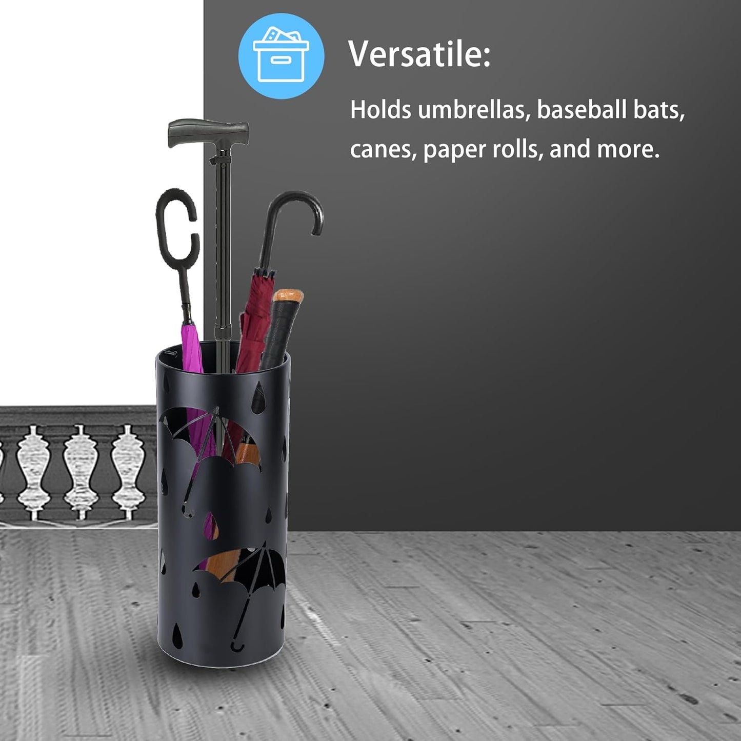 Umbrella Stand Rack for Entryway, Black Round Metal Umbrella Holder, Free Standing Umbrella Organizer Bin with 3 Hooks for Walk Stick, Home Office Indoor, 17 x 7 Inch