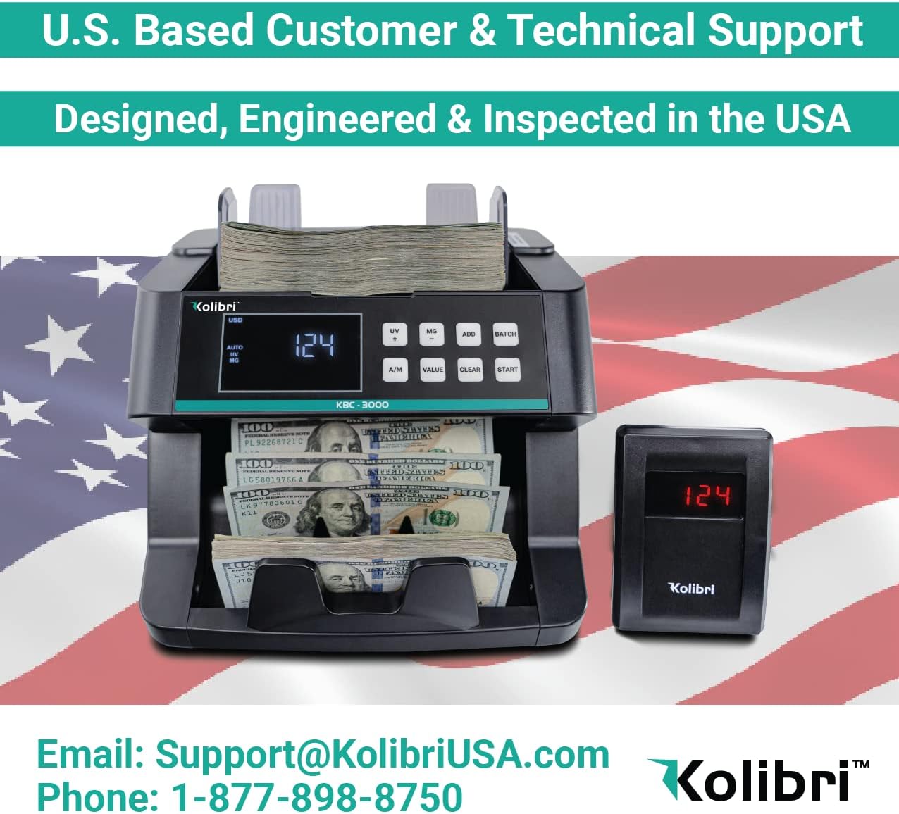 KOLIBRI Money Counter Machine, KBC-3000 with UV/IR Counterfeit Detection – Top Loading Bill Counting Machine w/ValuCount, Add and Batch Modes – Fast Speed 1,200 Notes/Min