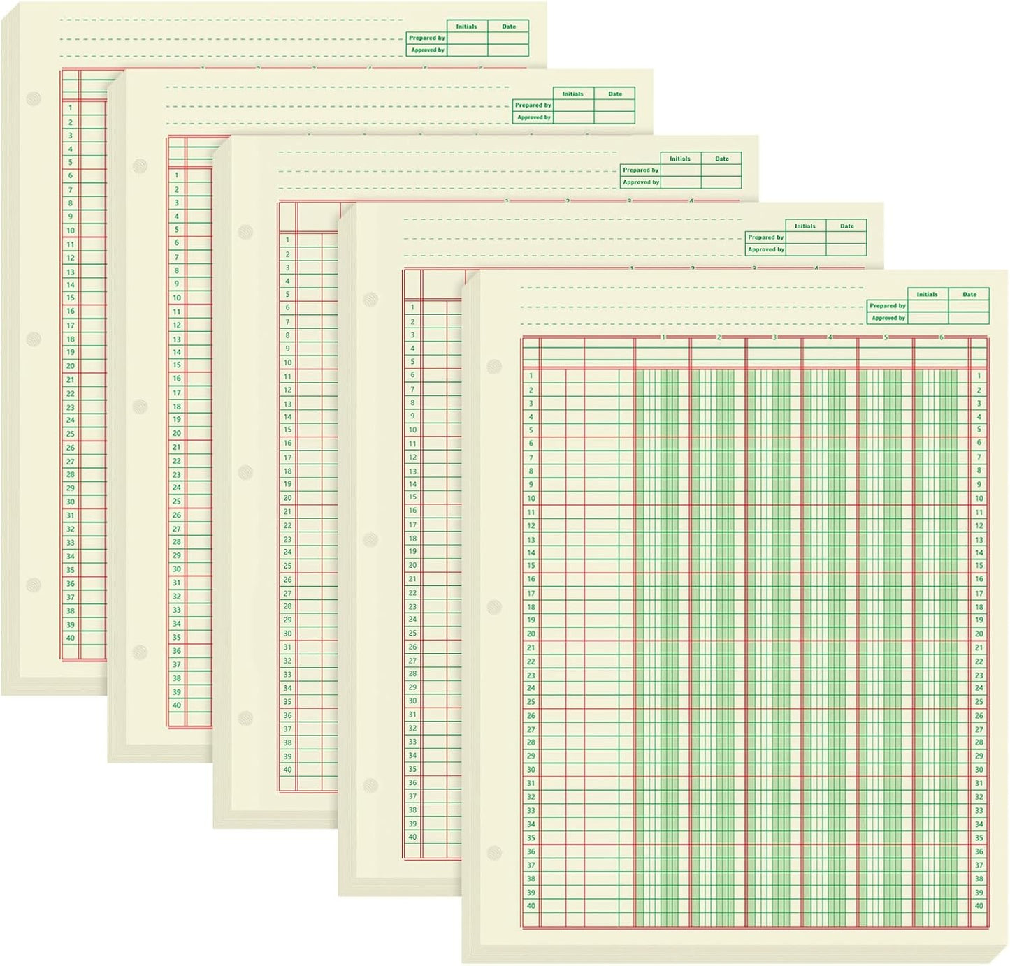 Fulmoon 5 Pack 250 Sheets Ledger Paper Accounting Columnar Pads 3 Hole Analysis Accounting Ledger Book for Business, 50 Sheets/Pack, Single Page Format, Green(8.5 x 11 Inch,6 Columnar)