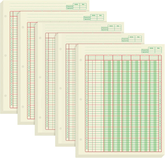 Fulmoon 5 Pack 250 Sheets Ledger Paper Accounting Columnar Pads 3 Hole Analysis Accounting Ledger Book for Business, 50 Sheets/Pack, Single Page Format, Green(8.5 x 11 Inch,6 Columnar)