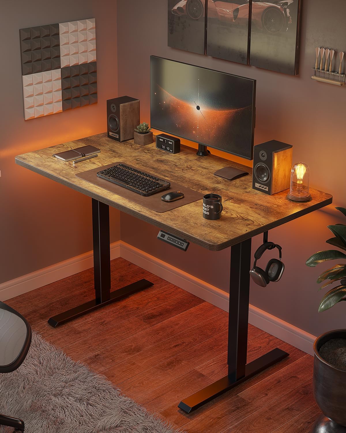 FEZIBO One-Piece Standing Desk Adjustable Height Stand up Home Office Desk, 32x24 Inch Electric Standing Computer Desk, with 4 Memory Presets, Fixable casters, Rustic Brown