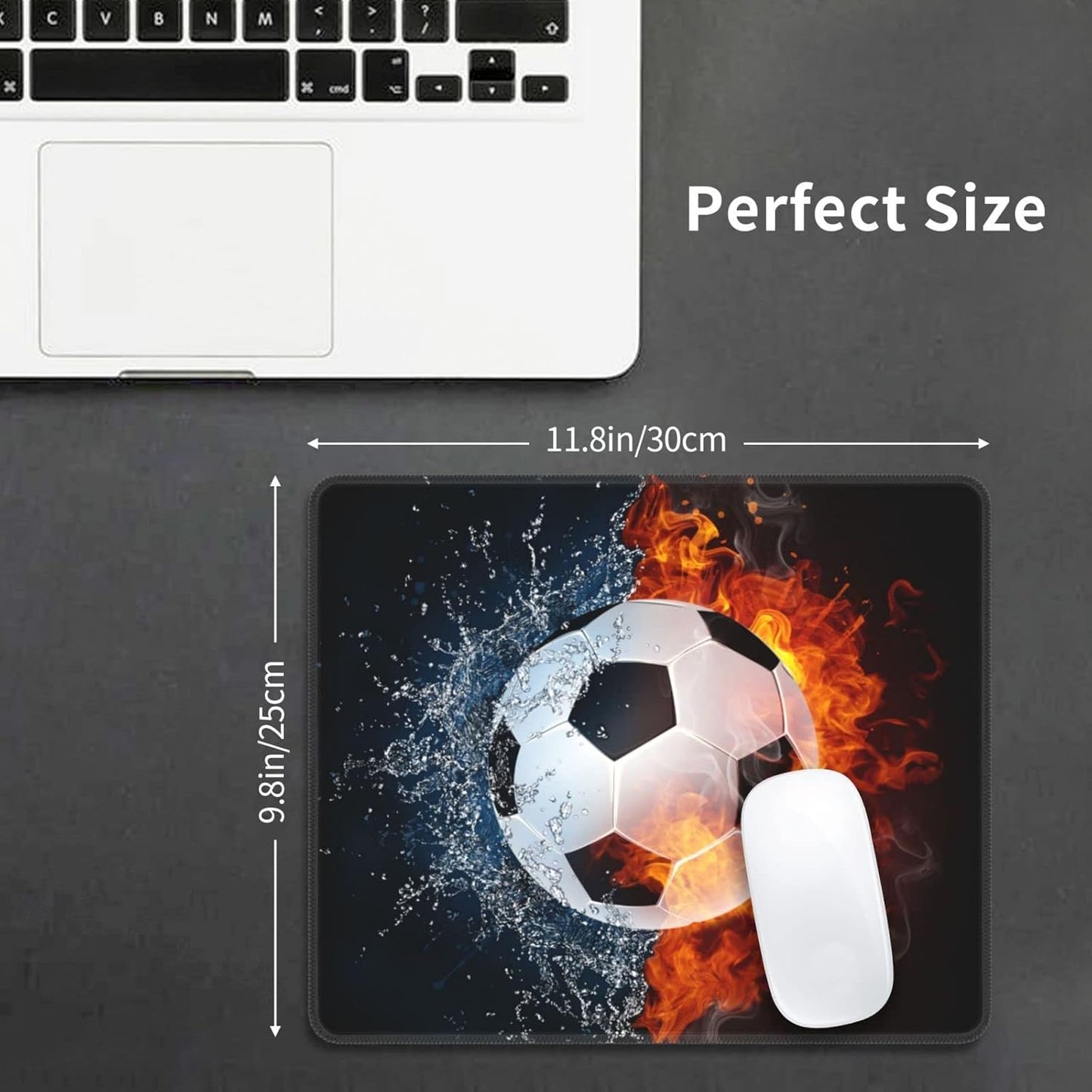 Soccer Ball Print Mouse Pad for Desktop, 12x10 inch Large Square Mouse Pad with Water Fire Pattern for Sports Teen Boys Men Women Girls, Non-Slip Rubber Base Computer Mousepad for Wireless Mouse
