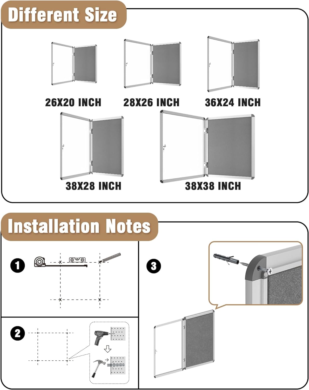 28"x26" Enclosed Bulletin Board, Lockable Weather-Resistant Aluminum Cork Noticeboard for School & Office, Silver Frame w/Grey Flet