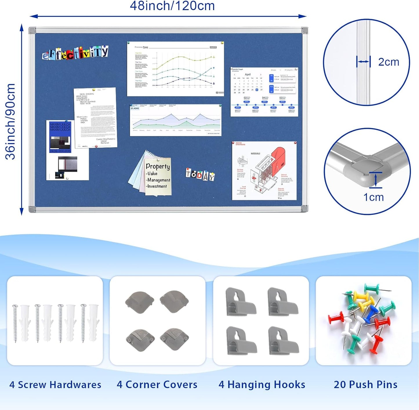 Felt Bulletin Big Vision Pin Board Notice Booard Wall-Mount Organization for Photo Message Velcro,Blue,48x36inches