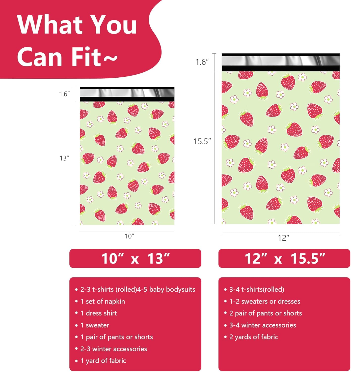 Poly Mailers 12x15.5 Inch 50 Pcs - Strawberries printed Shipping Bags, 2.4mil Thickness, Waterproof and Tear Resistant Mailing Envelopes, Self-Sealing Packaging Bags for Small Business