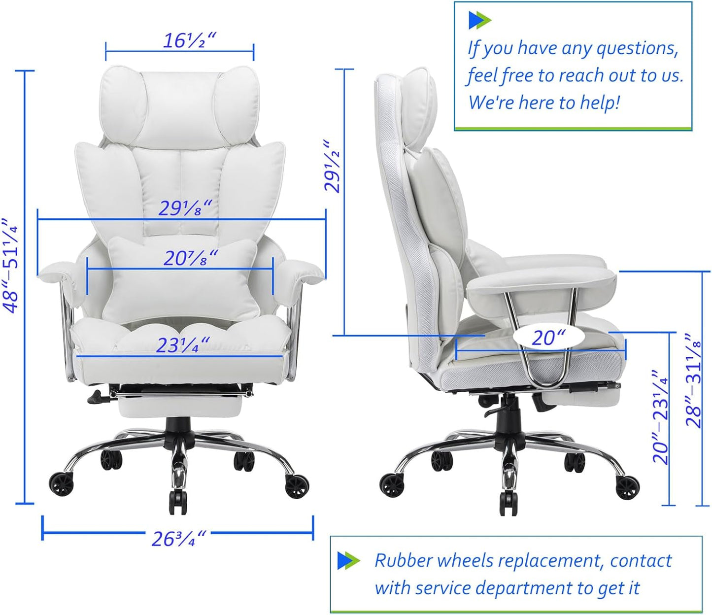 Efomao Big and Tall Office Chair 400lbs – High Back PU Leather Executive Chair with Lumbar Support, Footrest, Swivel Base, Padded Armrests, and Rolling Wheels for Home Office, White Computer Chair