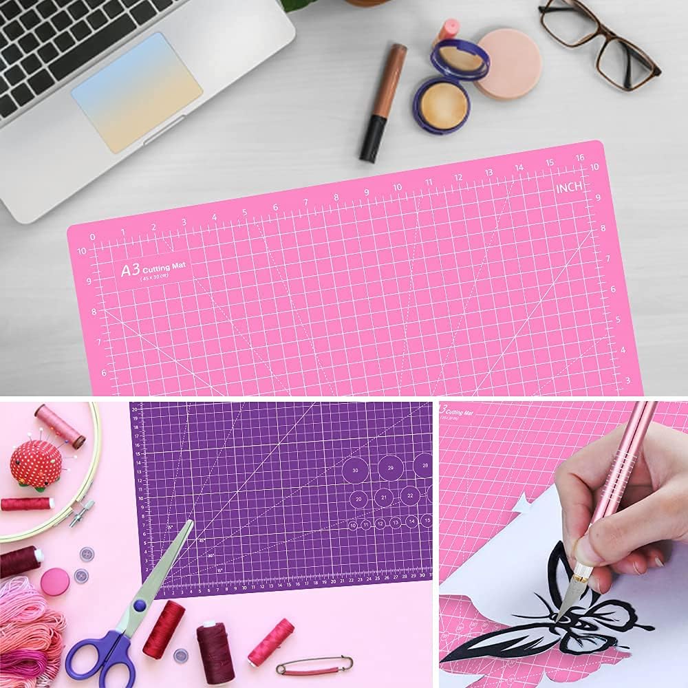 Headley Tools 18"x12" Thickened Self Healing Cutting Mat, A3 Rotary Cutting Sewing Mat for Crafts, Double Sided 5-Ply Table Cutting Board for Fabric Quilting Art Hobby Project, Pink/Purple