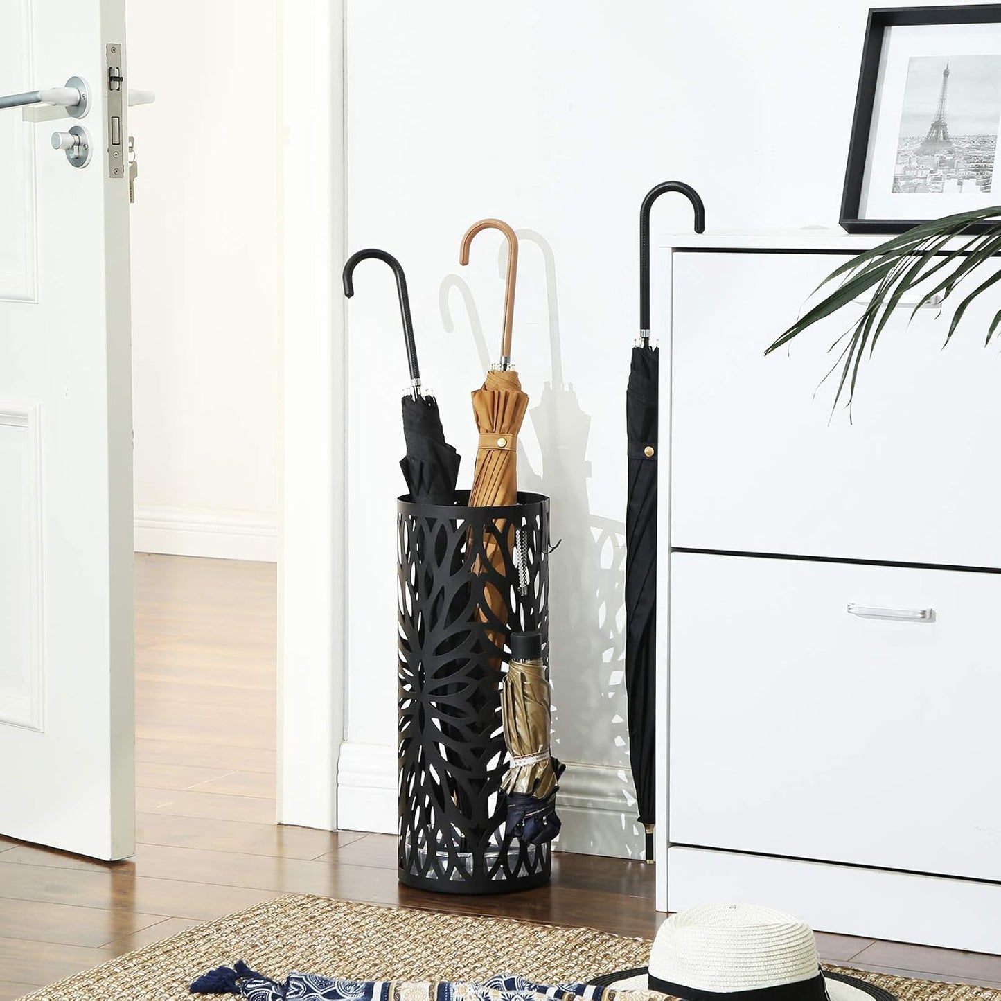 SONGMICS Umbrella Stand, Umbrella Holder for Entryway, Steel Round Umbrella Rack Freestanding, for Canes Walking Sticks, with a Detachable Drip Tray, 2 Long and 2 Short Hooks, Matte Black ULUC20B