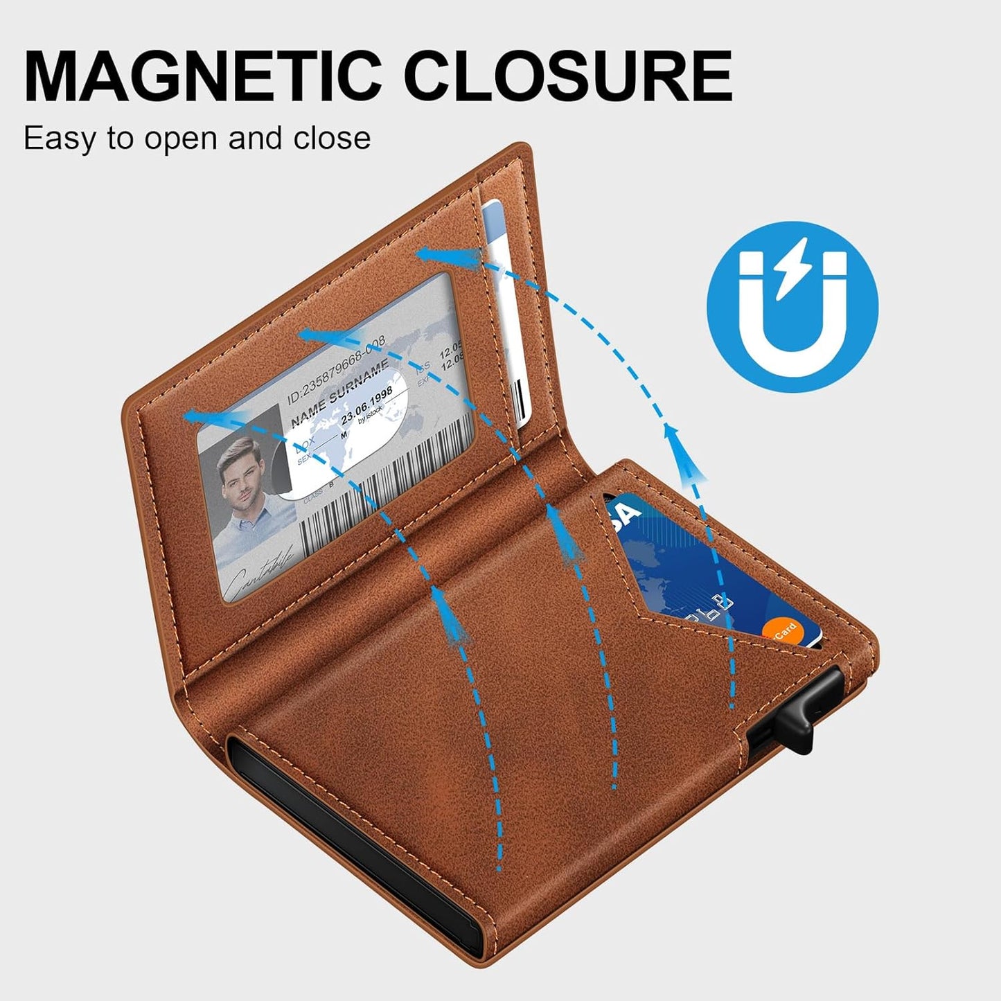 Wallet for Men, RFID Wallet with Money Clip & ID Window, Minimalist Pop Up Credit Card Case Holder 10-12 Cards, Bifold Slim Smart Wallet for Front Pocket, Compact Metal Wallets, Gifts for Men, Brown