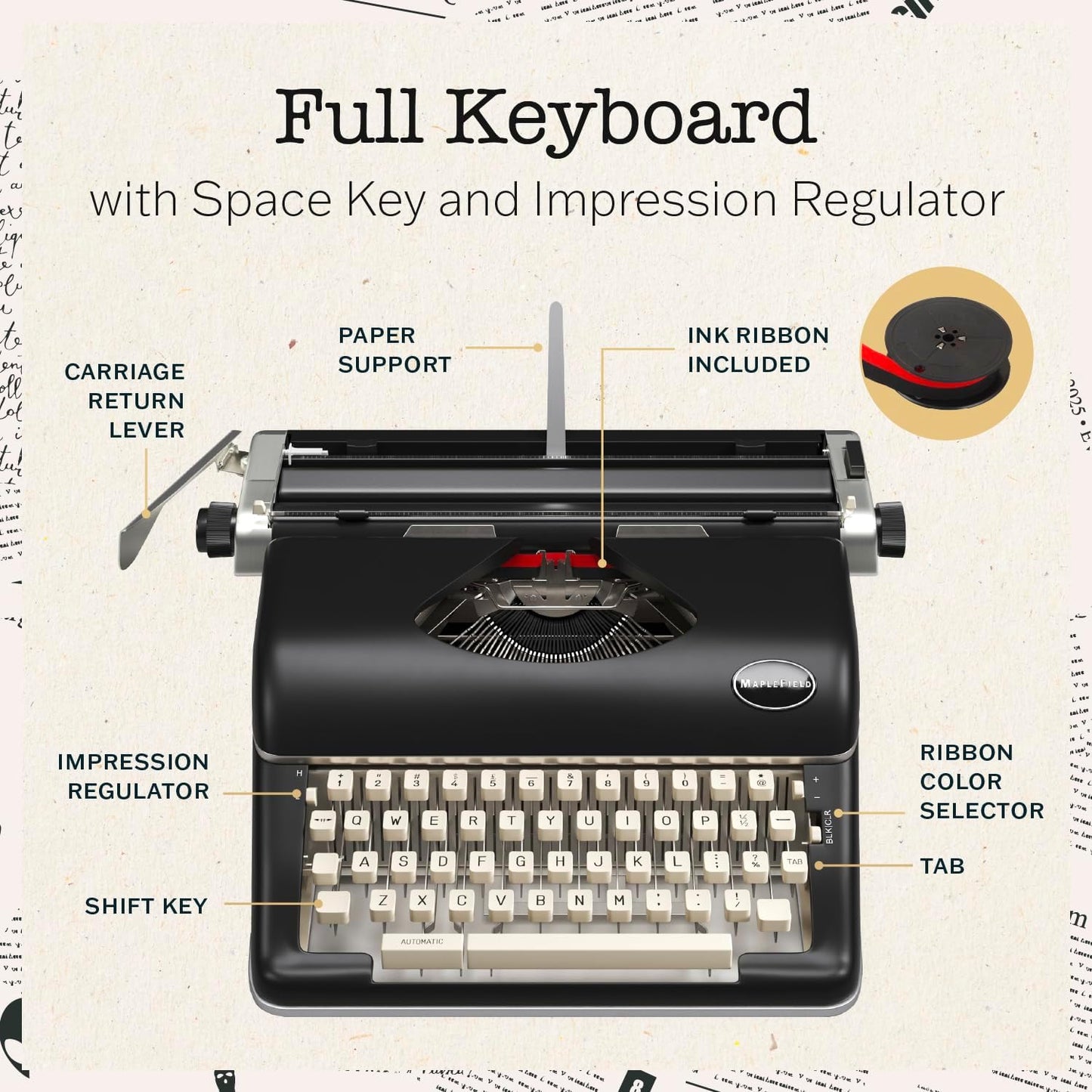 Maplefield Vintage Manual Typewriter - Black Metal - Desk Accessories & Office Supplies for Home Office