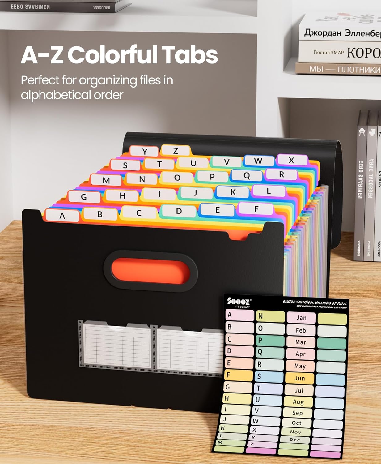 Sooez 26-Pocket Accordion File Organizer, Upgraded Expanding File Folder with Unobstructed A-Z Tabs, Premium Bill Tax Receipt Document Organizer Storage for Letter/A4 Size Paper, School Office & Home