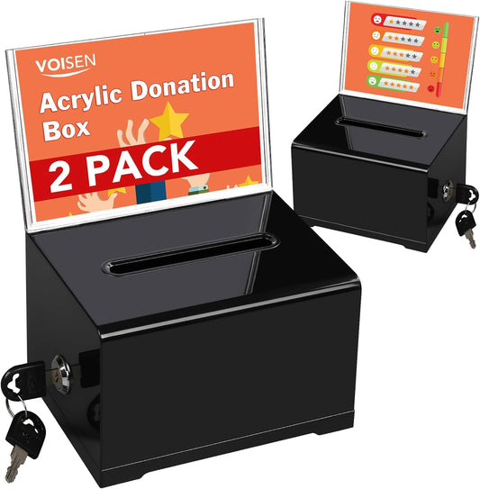 VOISEN Acrylic Donation Box with Lock, Black Ballot Box with Sign Holder, 2 Pack Suggestion Boxes for Fundraising, Donation, Bar, School Voting, 6.2x4.6x3.9 Inch