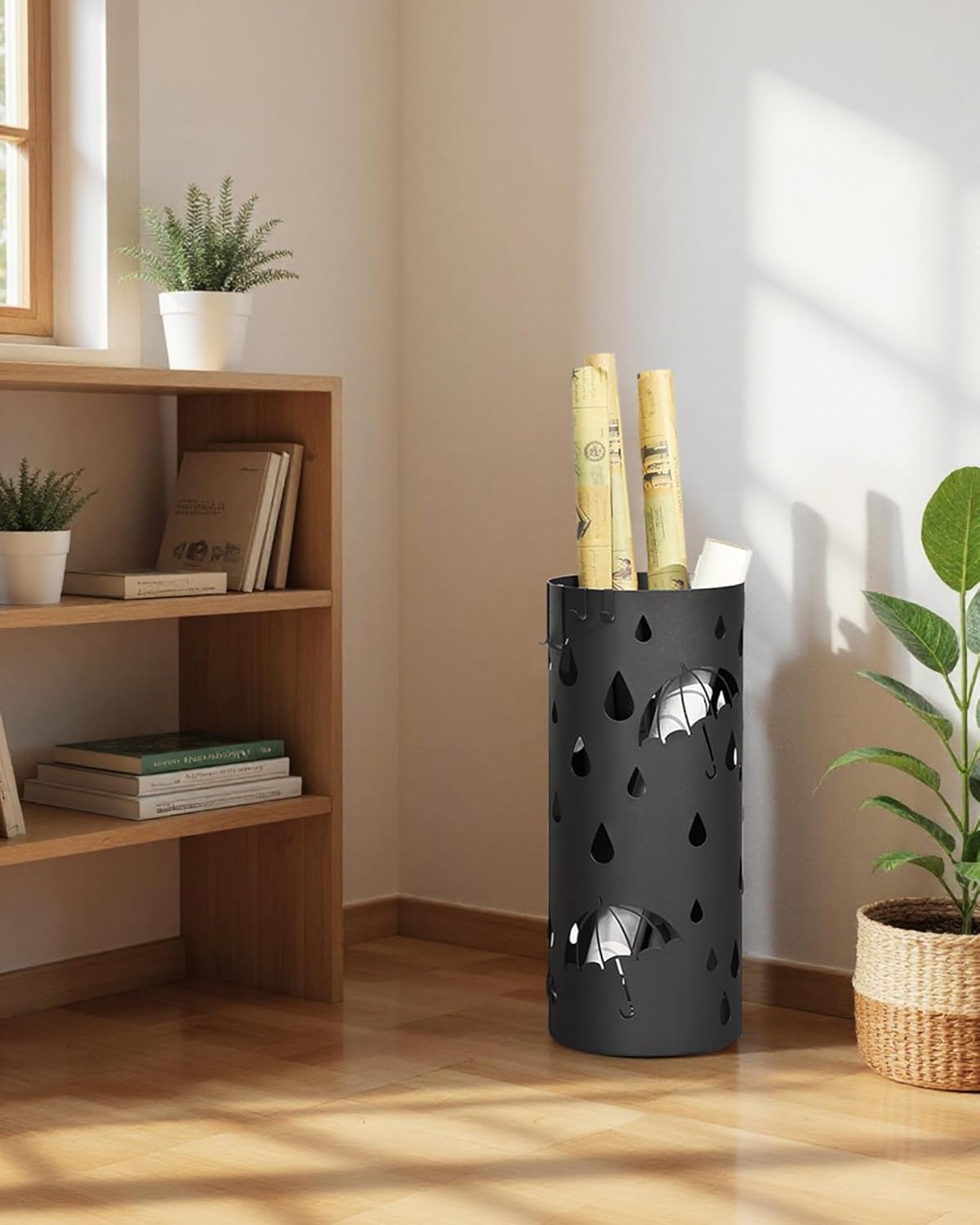 SONGMICS Umbrella Stand, Metal Umbrella Holder for Entryway, with Water Tray and 4 Hooks, 7.7 x 7.7 x 19.3 Inches, Round, Ink Black ULUC23B