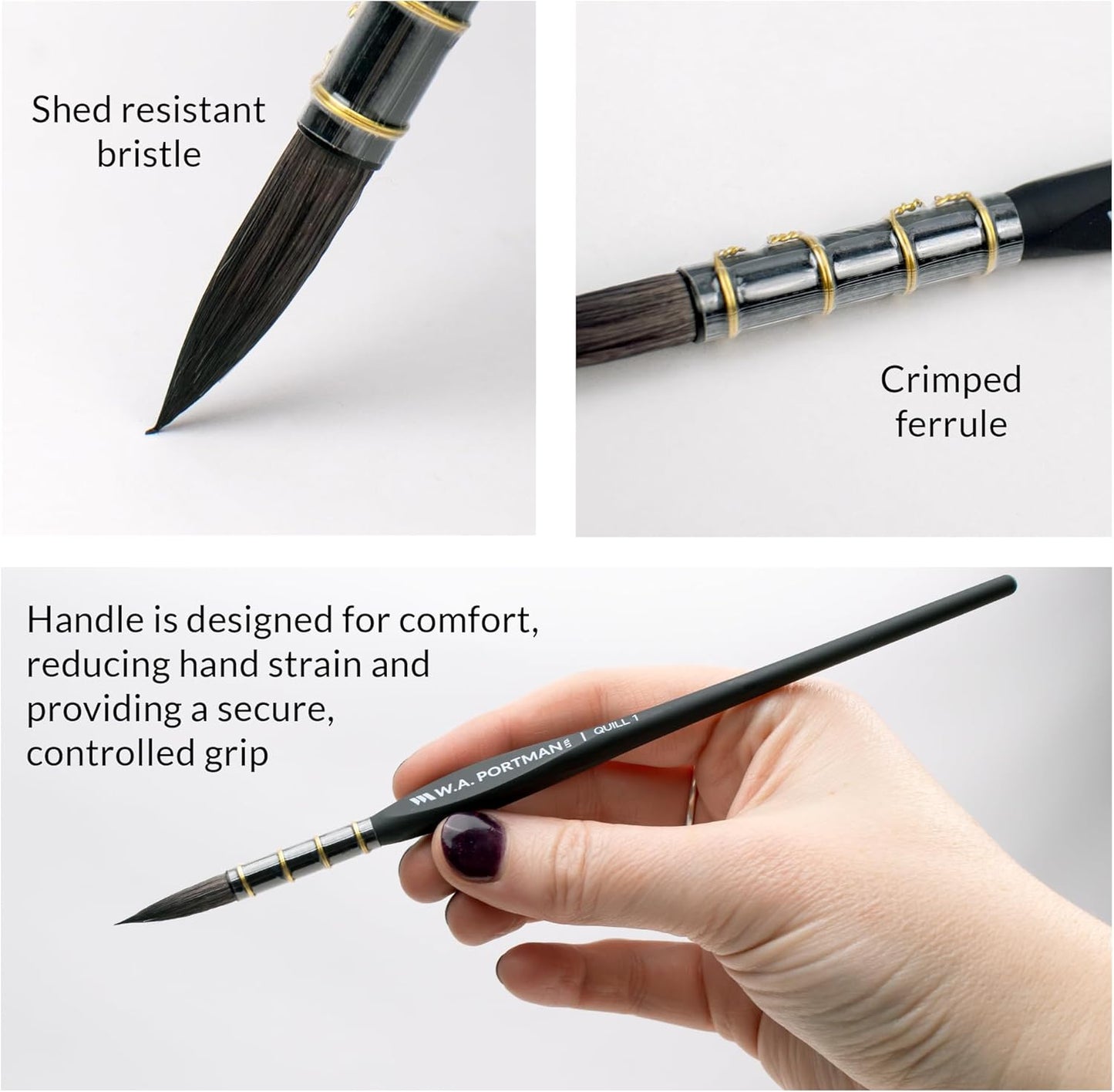 WA Portman Quill Round Watercolor Brushes Professional 4pc Set - 100% Vegan, Cruelty-Free Synthetic Squirrel Hair Watercolor Brushes Set with Triangular Comfort Grip