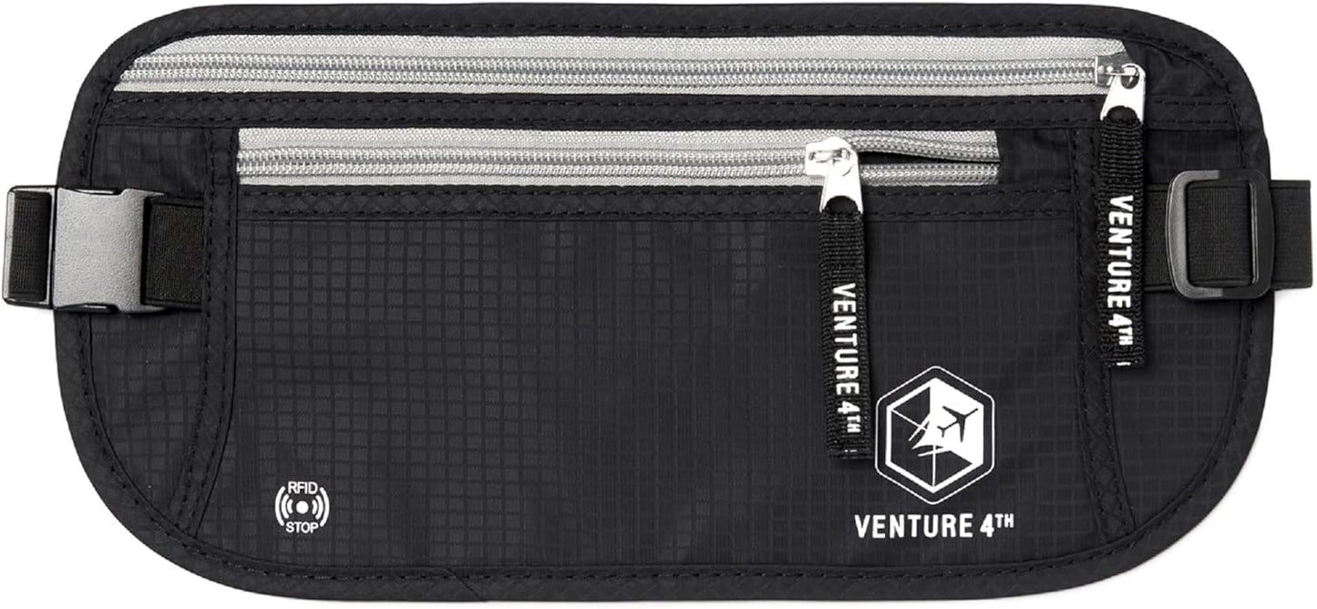VENTURE 4TH Travel Money Belt - Slim Passport Holder RFID Blocking Travel Pouch to Protect Cash, Credit Cards and Travel Documents (Black)