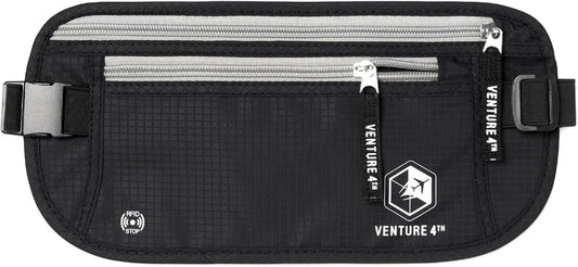 VENTURE 4TH Travel Money Belt - Slim Passport Holder RFID Blocking Travel Pouch to Protect Cash, Credit Cards and Travel Documents (Black)