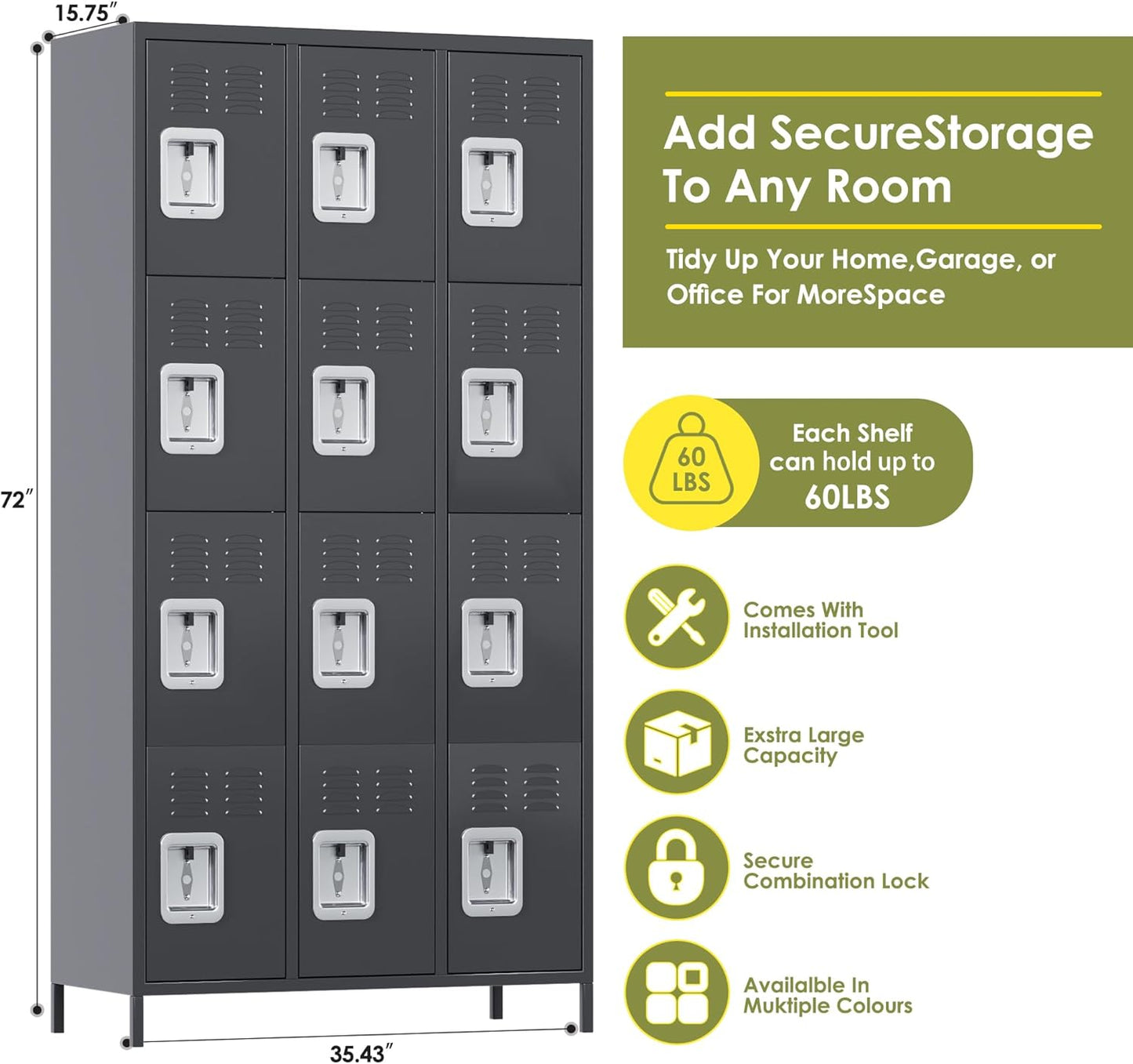 Metal Lockers for Employees with 12 Door and 12 Hooks,Metal Storage Locker with Lock for School Office Gym Bedroom,Assembly Required,Dark Grey