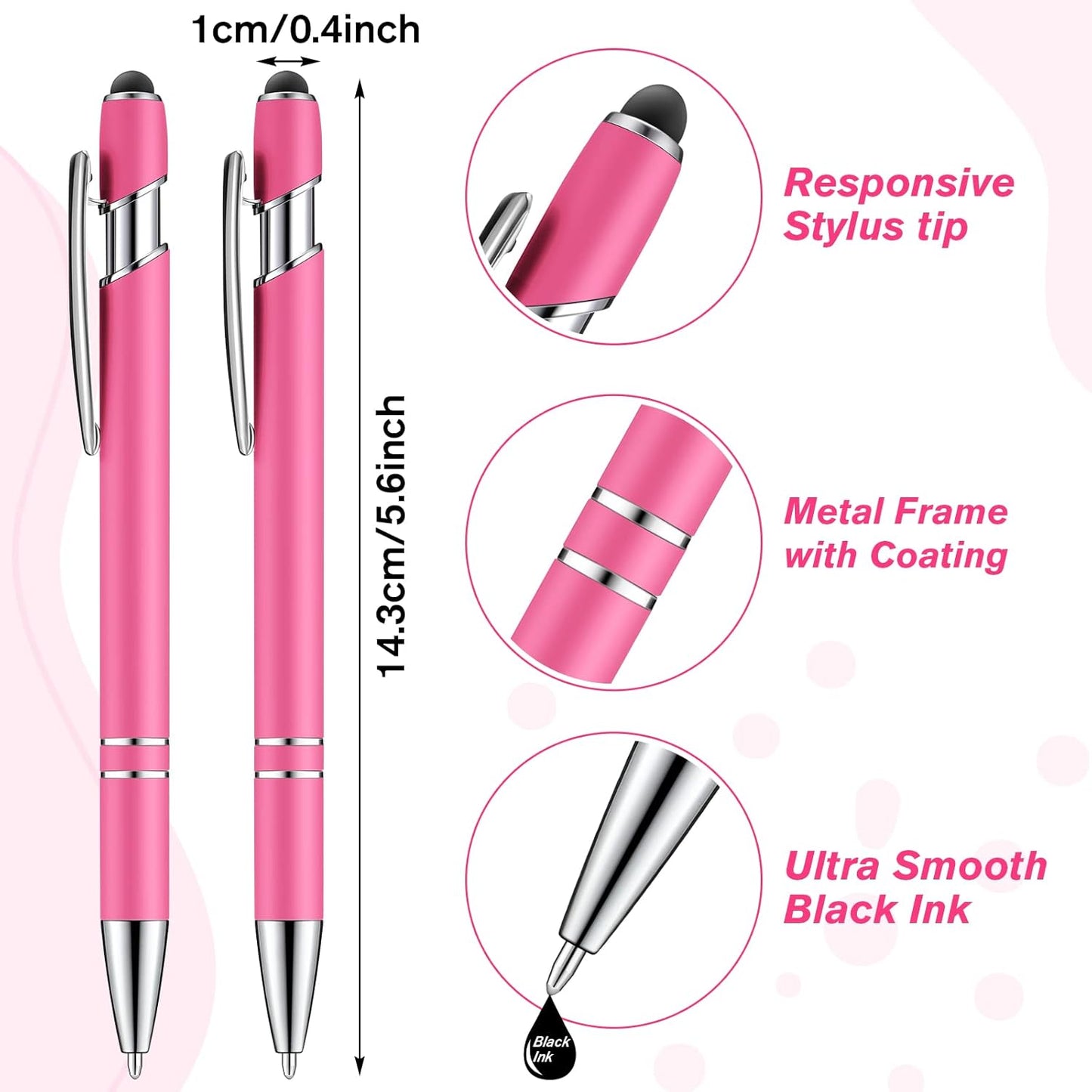 Zonon 38 Pieces Rubberized Ballpoint Pen with Stylus Tip Stylish Metal Pen Capacitive Styli with Soft Rubberized Grip, Black Ink for Most Devices(Hot Pink)