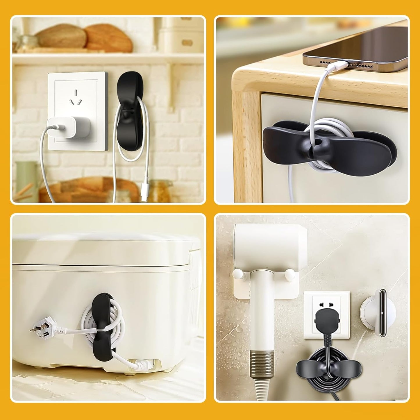 Cord Organizer for Kitchen Appliances, 4 Pack Black Appliance Cord Organizer, Command Hooks, Cord Wrapper, Cord Keeper, Cord Holder Stick On Kitchenaid Mixer, Instant Pot, Pressure Cooker