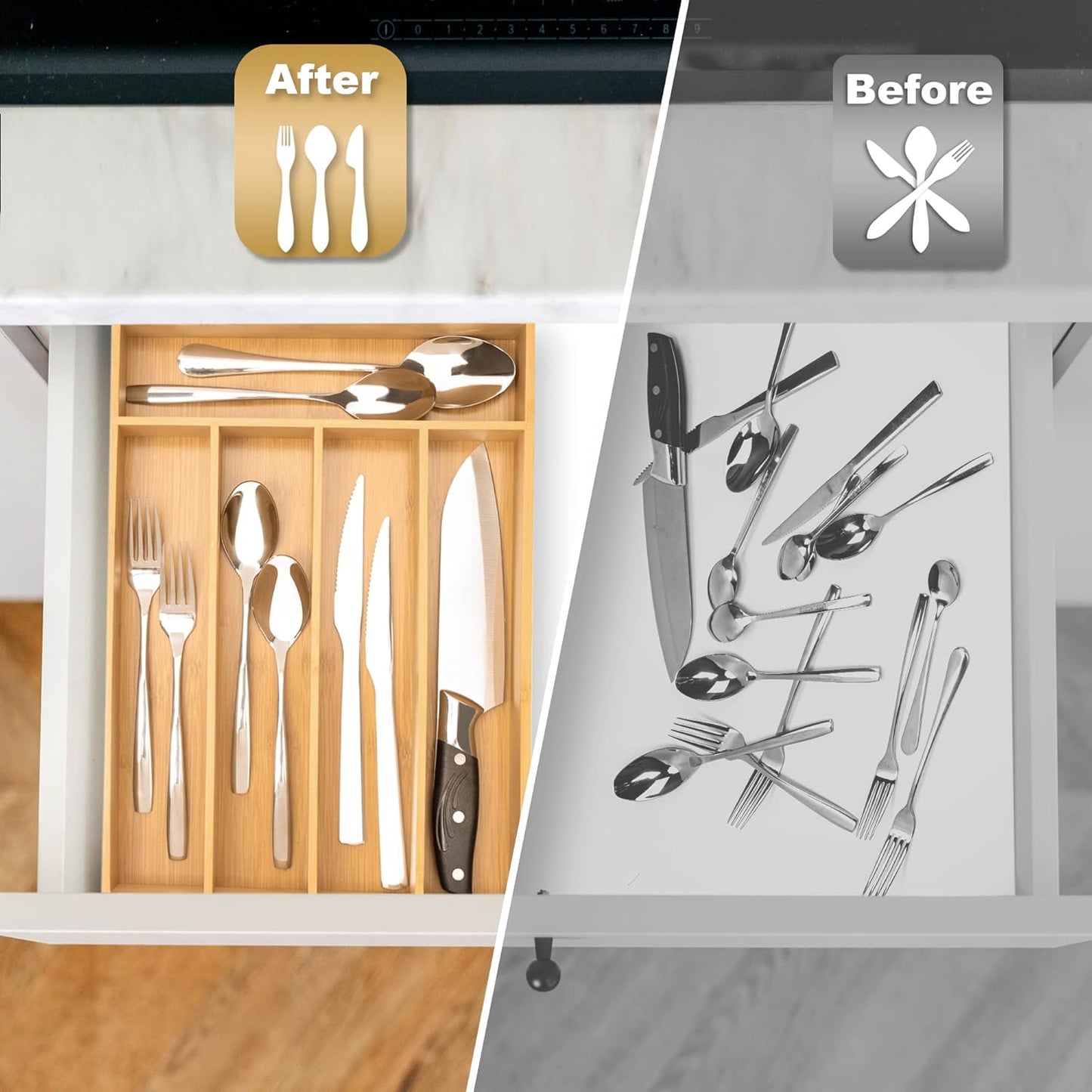 Silverware Organizer Bamboo Kitchen Drawer Organizer Utensil Organizer Silverware Holder Cutlery Organizer in drawer Flatware Organizer Tray (Natural 5 Slots)