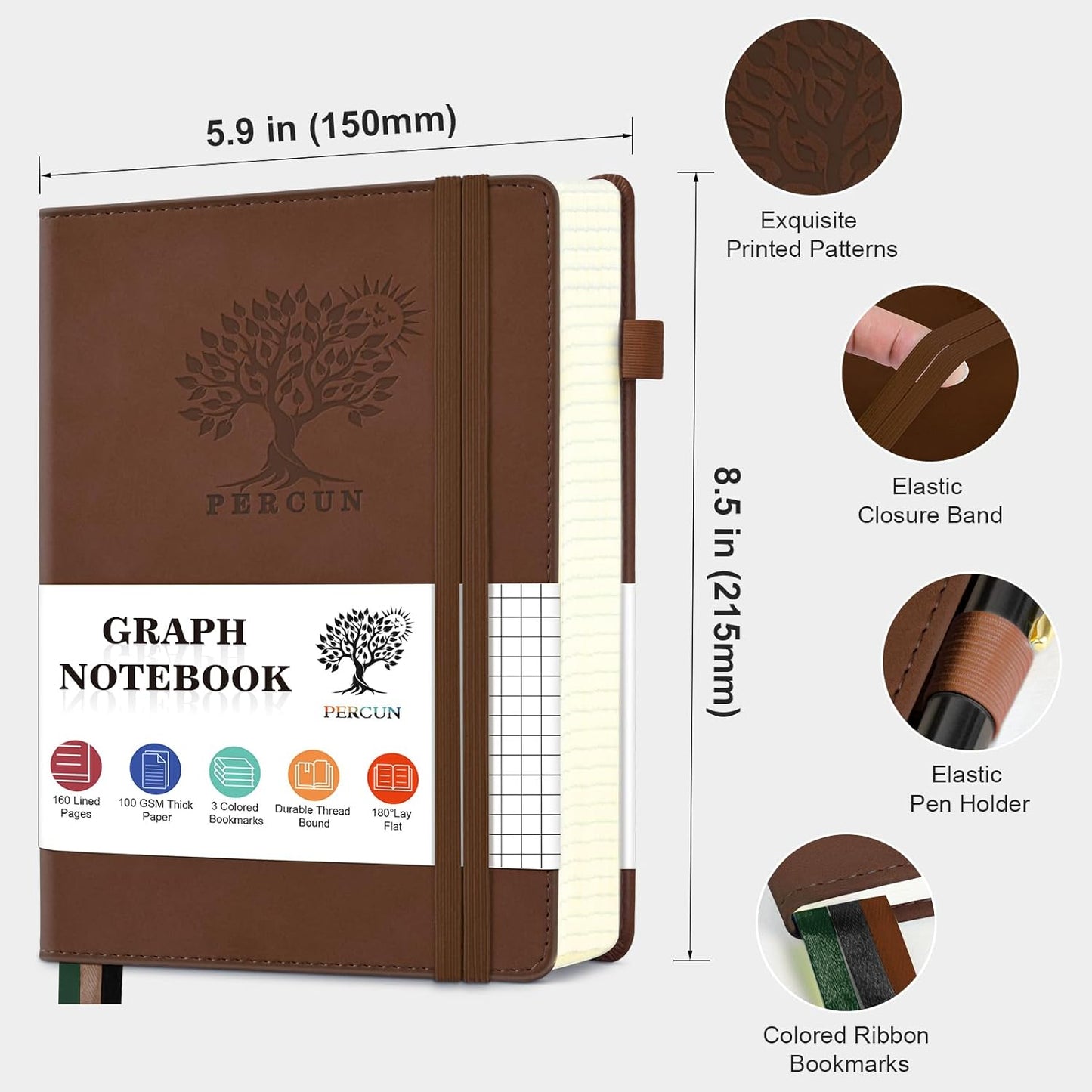 PERCUN Graph Paper Notebook, 160 Pages Grid Journal for women & men, A5 Hardcover Leather Graphing Notebook for School, Work, Travel, Note Taking 5.9”x8.5” (Brown)