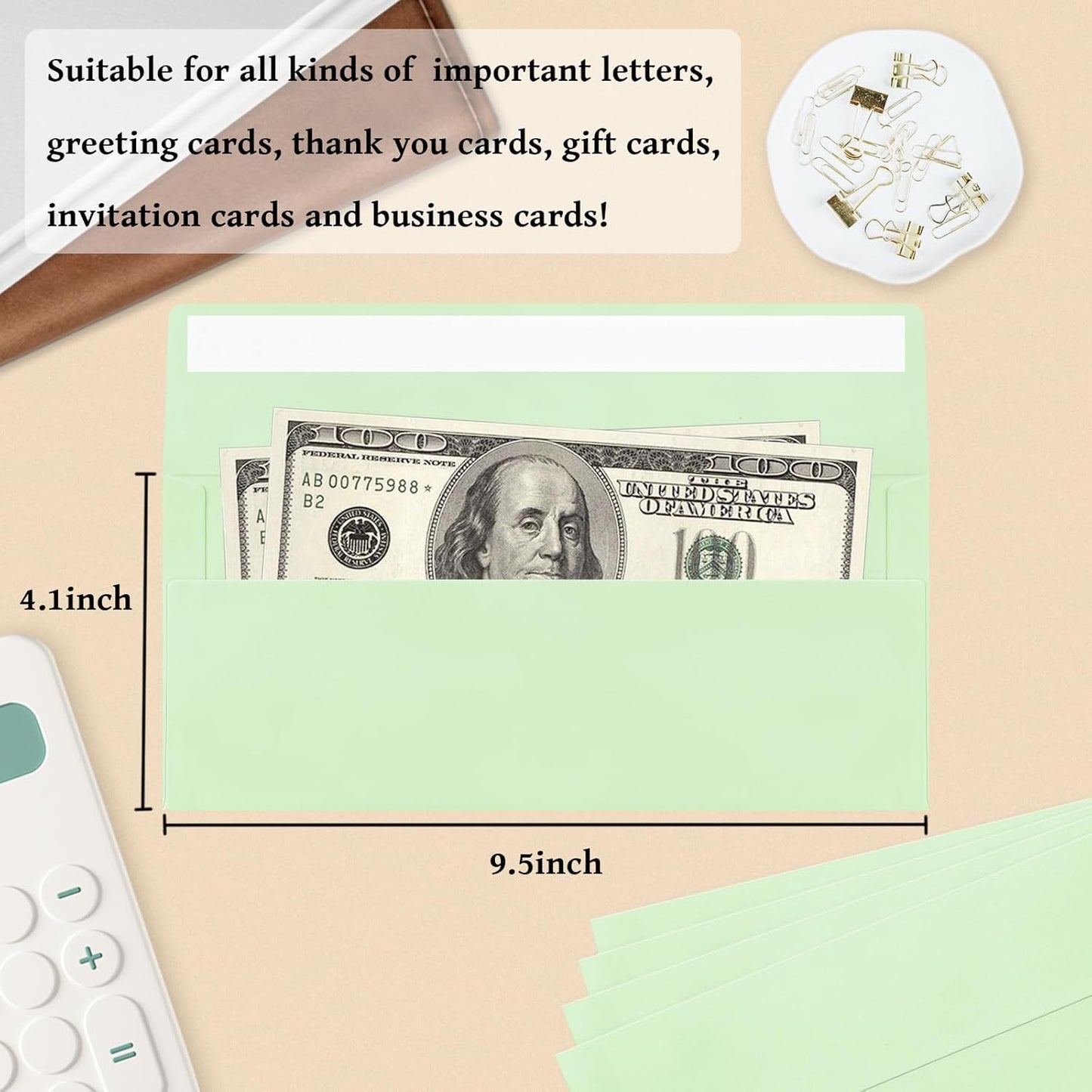 100 Pack #10 Business Envelopes, Light Green Standard Envelopes Self Seal, Letter Size Mailing Envelopes for Checks Letters Invoices Christmas Birthday Graduation Wedding, 4 1/8 x 9 1/2 Inch