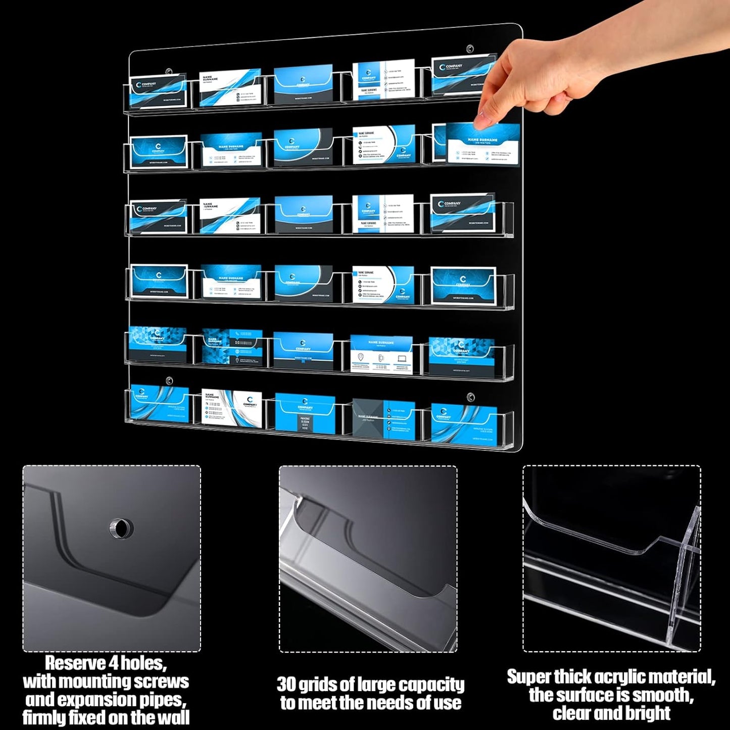 Hillban Acrylic Business Card Holder Wall Mount Clear Sticker Display Rack Multiple Card Holders Clear Acrylic Organizing Sticker Display Stand Pre Drilled(30 Pockets)