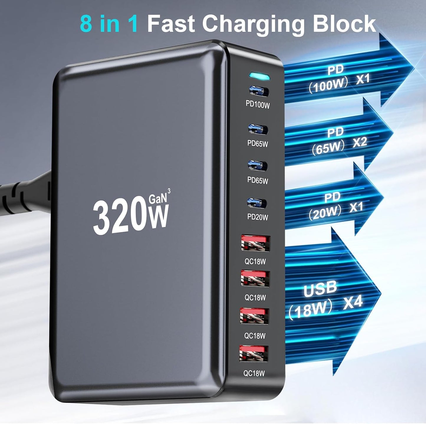 320W USB C Fast Charger Block, 8 Port USB Charging Station, GaN Ⅲ Pro 100W PD PPS Port Fast Charging Station Hub, Laptop Wall Charger Compatible with MacBook, iPhone 17, iPad, Android Devices etc