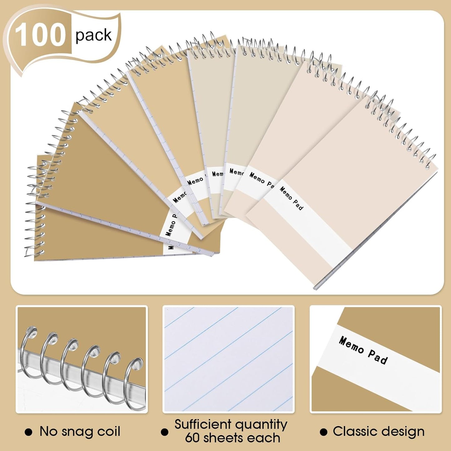 Thenshop 100 Pads Spiral Memo Bulk 3'' x 5'' Top Bound Memo Book 60 Sheets Small Mini Notebooks Lined Wire Bound Pocket Steno Book for Home, Office, School (Colorful)
