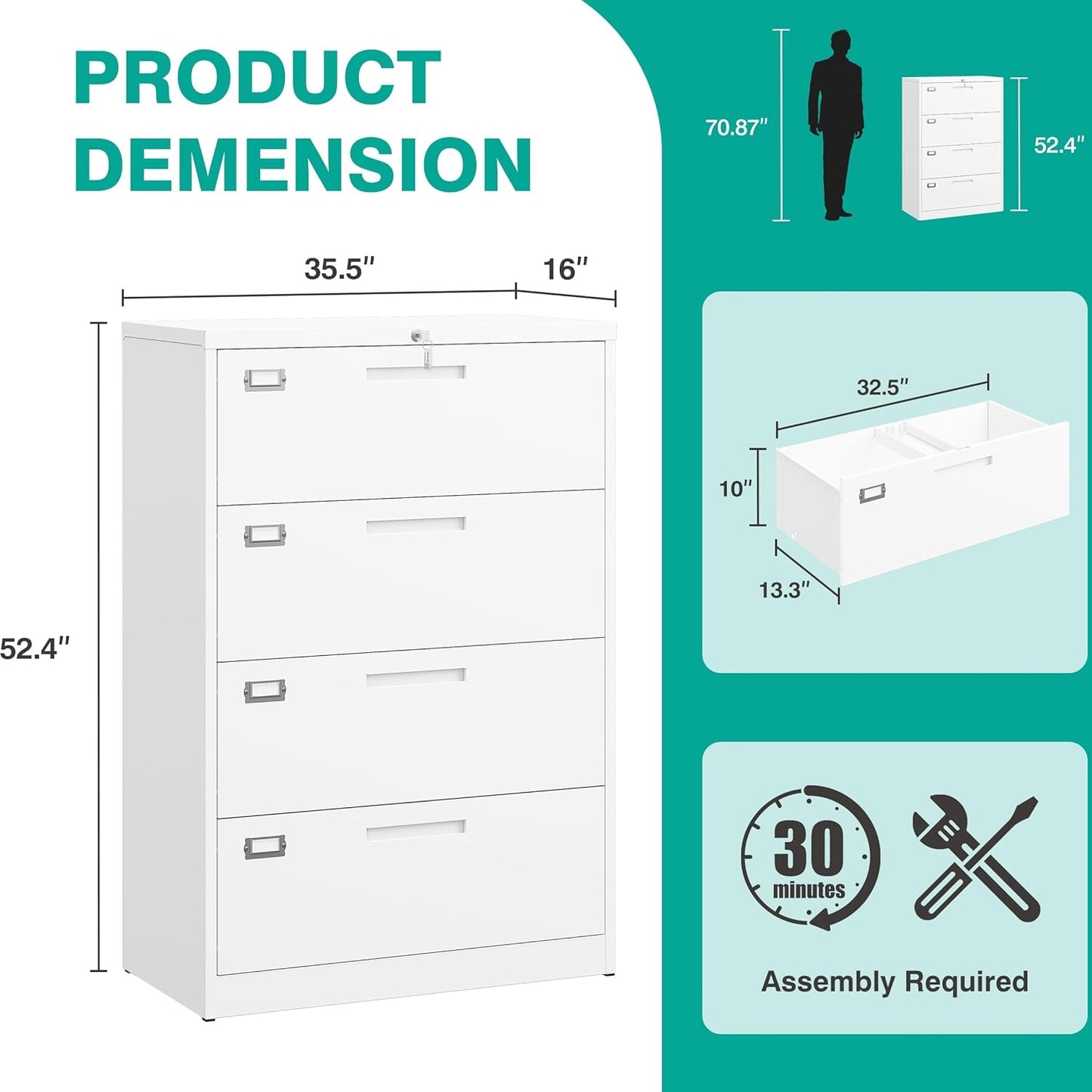SISESOL 4 Drawer Lateral File Cabinet with Lock,White Lateral Filing Cabinet,Horizontal Metal Filing Cabinets,Locked Wide Four Drawer File Cabinets for Office Home,Fit A4/F4/Letter/Legal File