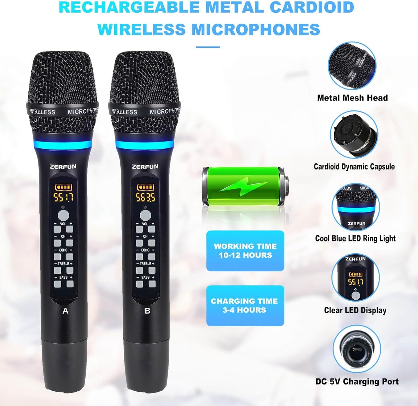 Rechargeable Wireless Microphone System 4 Channel Pro, UHF Metal Handheld Wireless Mics Cordless for Church Karaoke Singing with Echo Treble BASS VOL Channel Control(GT-200)