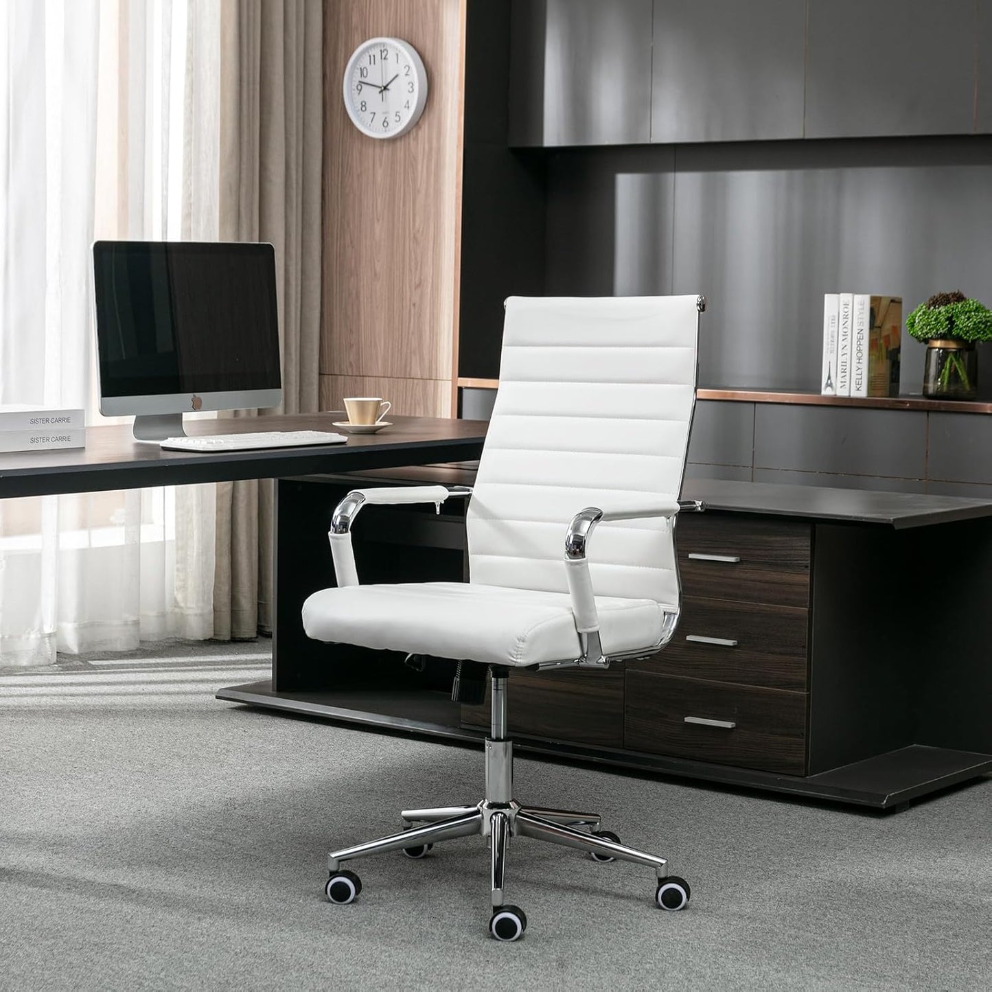 Home Office Chair Ribbed, Modern Leather Conference Room Chairs, Ergonomic Office Desk Chair, High Back Executive Computer Chair, Adjustable Swivel Chair with Arms (White)