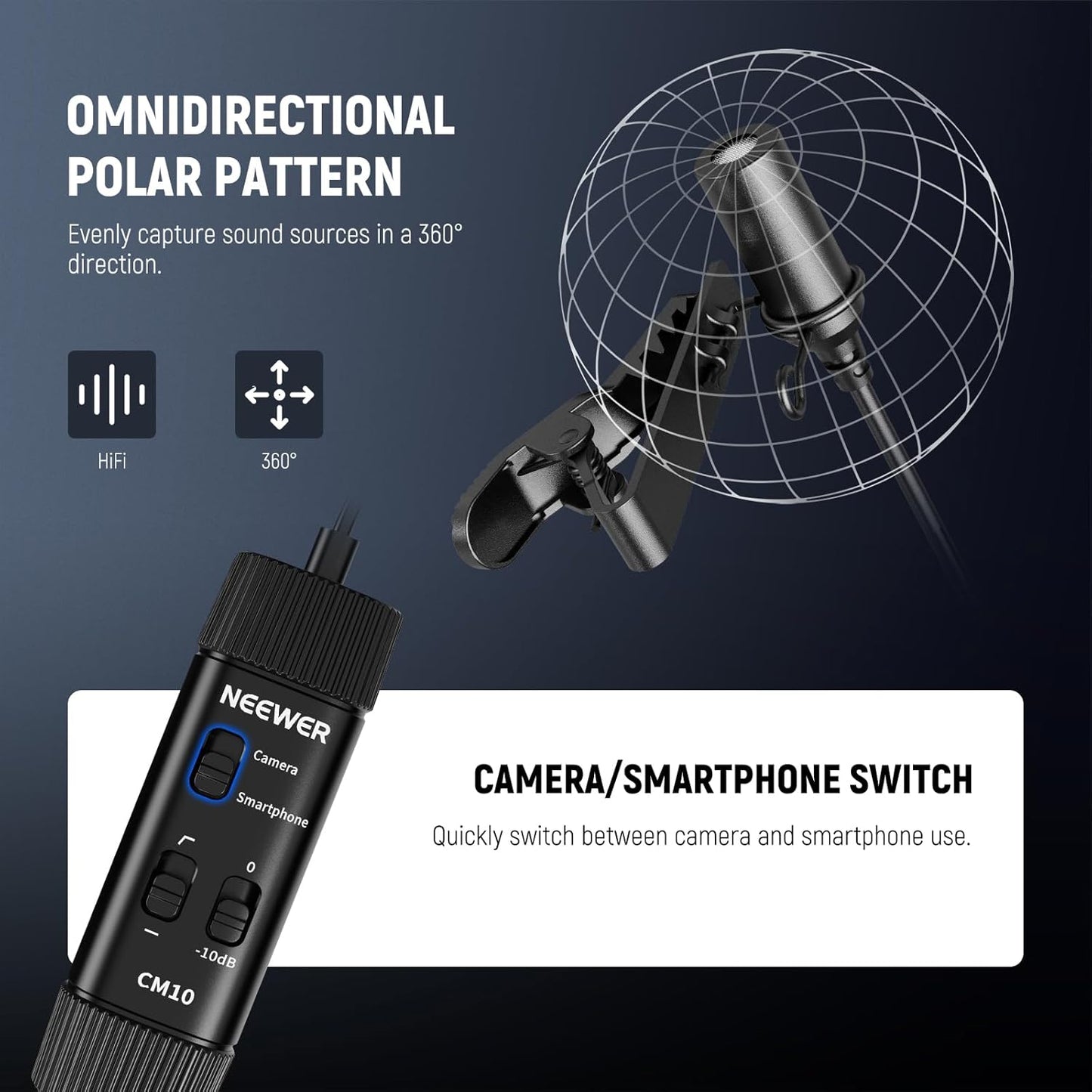 NEEWER 3.5mm TRRS Lavalier Lapel Microphone Plug & Play Mini Clip on Mic Omnidirectional Condenser for Camera Phone PC, Low Frequency Cut, Gain Control, Monitoring Headphone Jack, CM10