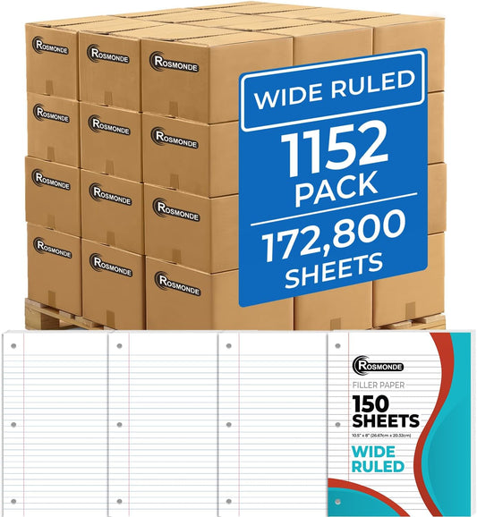 1152 Pack (Pallet) Loose Leaf Paper Bulk, 172800 Sheets, Wide Ruled, 150 Sheets/Pack, 8 x 10.5", Pallet of Filler Paper, 3 Hole Punched, 56 Gsm Thick Paper, School & Office, 4-7 Days Transit