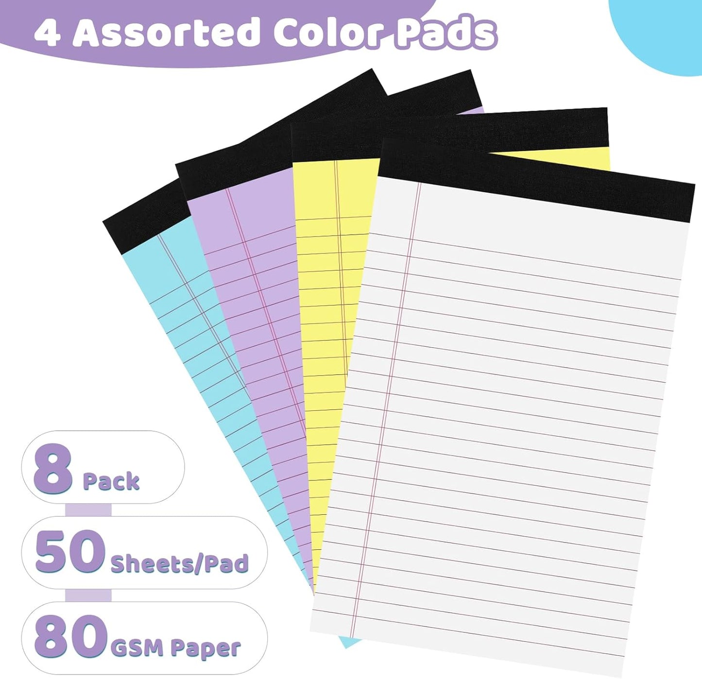 8 Packs Small Note Pads 5x8, Total 400 Sheets Color Legal Pad 5x8 College Ruled Small Legal Pad Perforated Lined Writing Pads for Home, Study, Office, To-Do Lists, notepad, Multicolor
