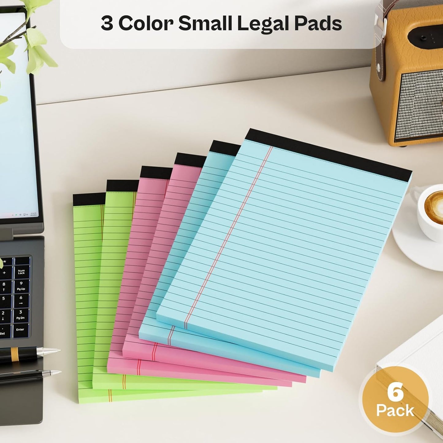 6 Pack Legal Pads 5x8 Note Pads College Ruled Notepad Pink/Green/Blue Perforated Small Legal Pads 80GSM Notepads 30 Sheets Writing Pads Line Paper Pad for School, College, Office, Business