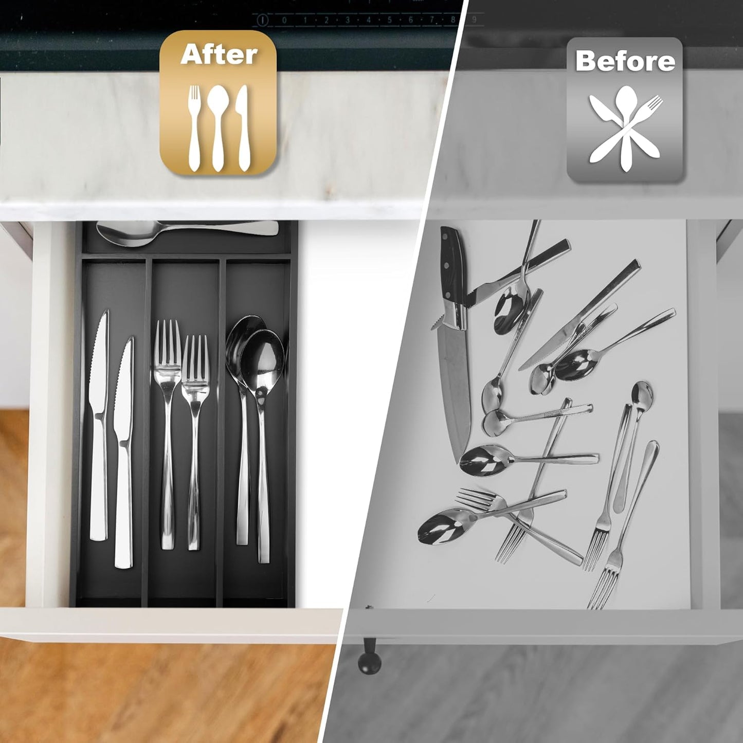 Silverware Organizer Small Bamboo Kitchen Drawer Organizer Utensil Organizer Silverware Holder Cutlery Organizer in drawer Flatware Organizer Tray (Black 4 Slots)