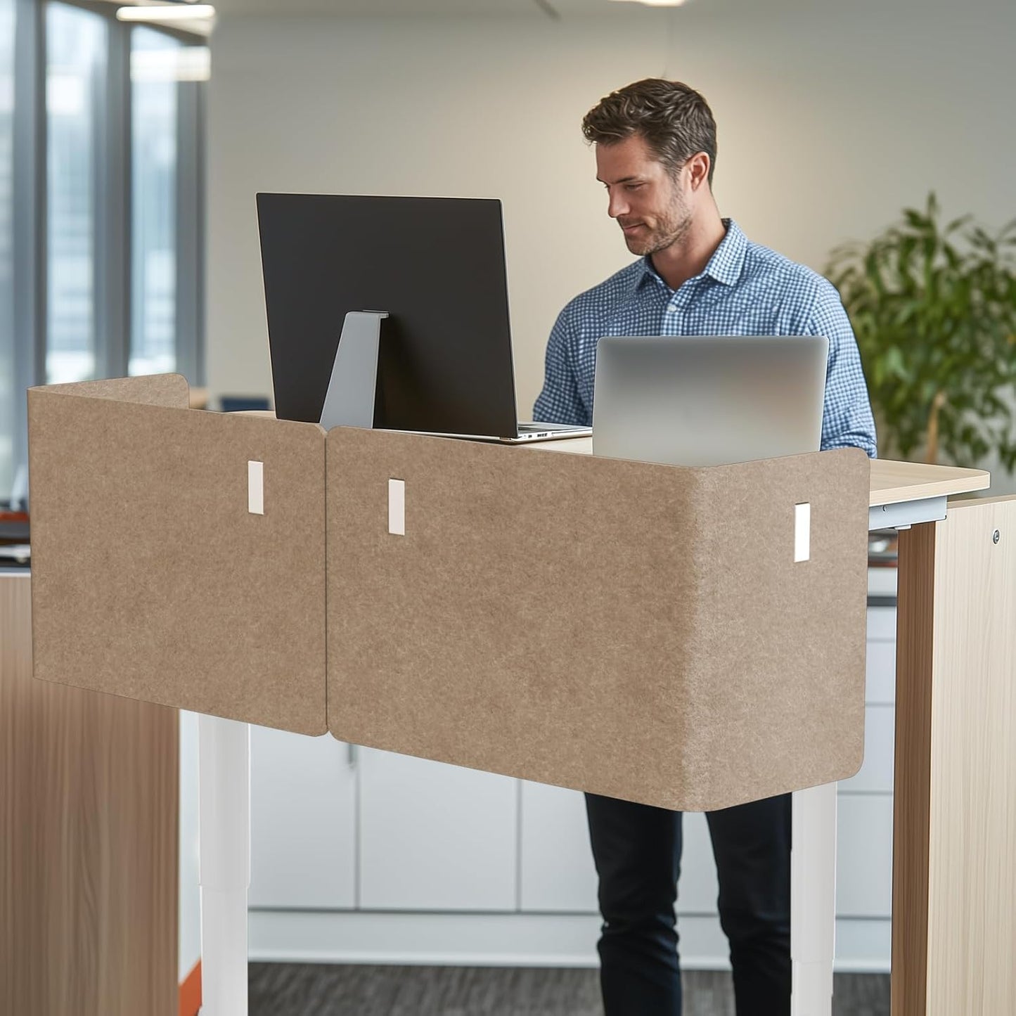 2-in-1 Adjustable Desktop & Under Desk Privacy Panel - 2PCS L-Shaped Acoustic Desk Divider That Reduce Noise and Visual Distractions, For Home Office Classroom (Dark Camel, 47.2" x 17.7")