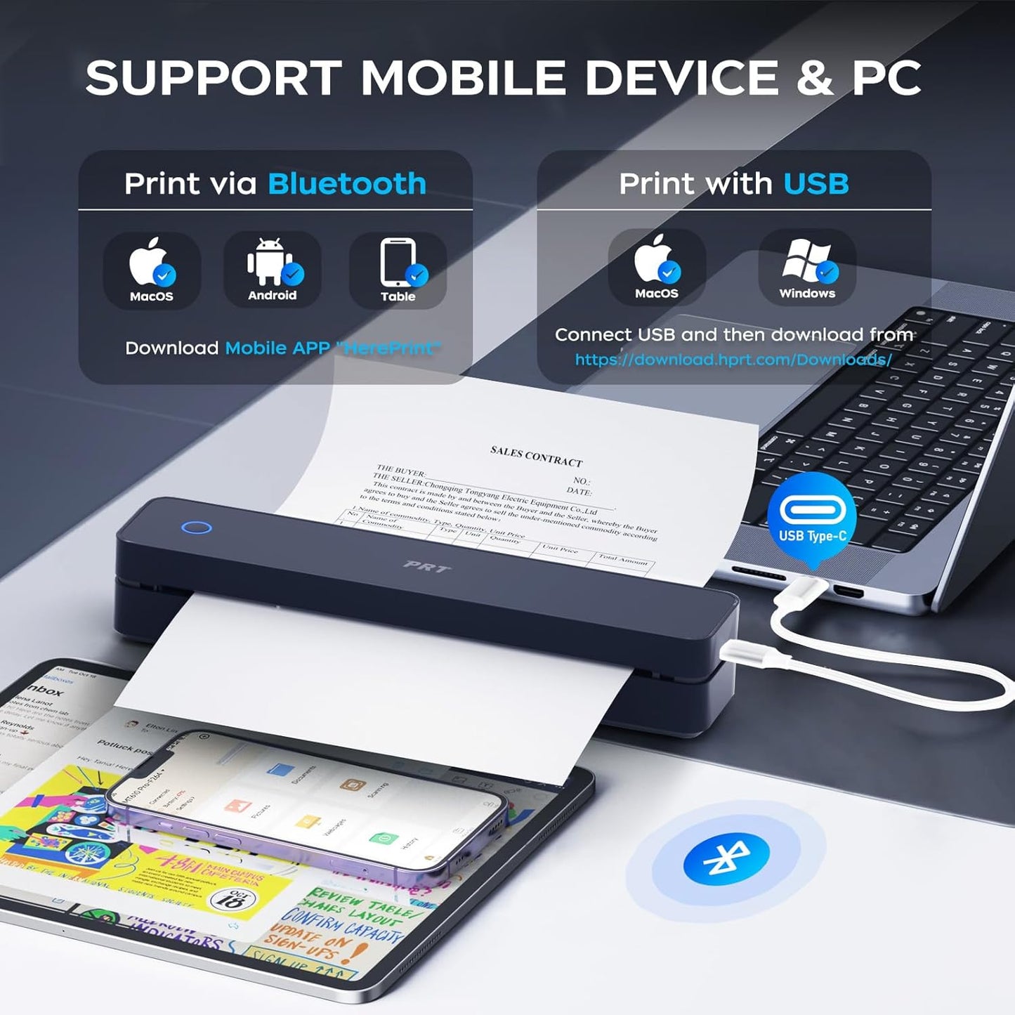 PRT Thermal Portable Printer Wireless for Travel, Inkless Bluetooth Support 8.5"x11" US Letter, A4, Compatible with iOS, Android, Laptop, Mobile Printer for Office, Vehicle, Home Use