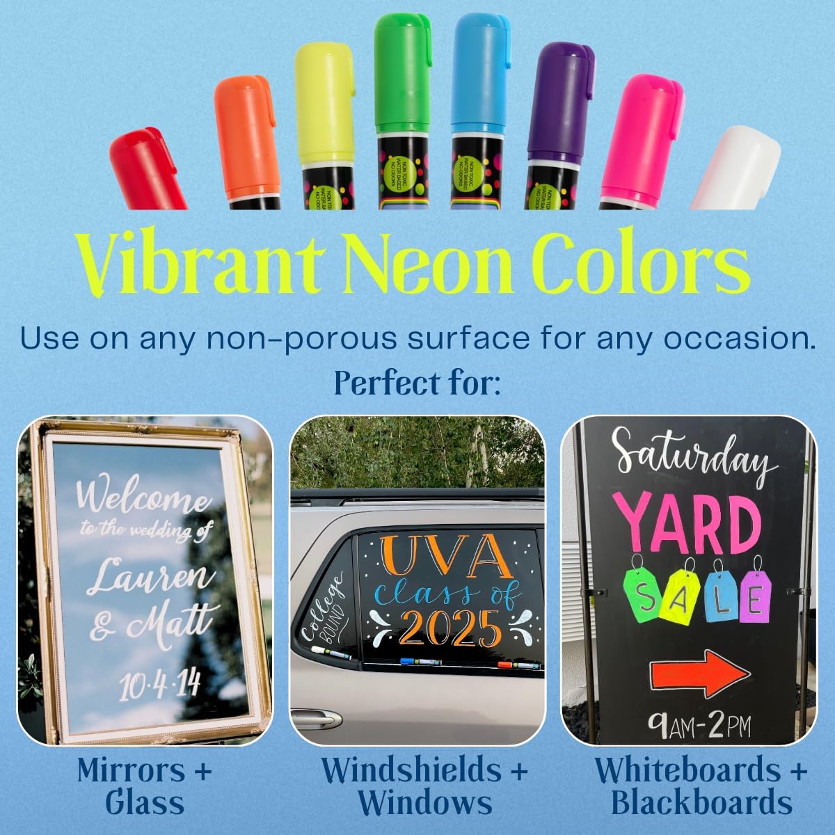 Liquid Chalk Drawing Markers for Car Windows, Auto Windshields, Mirrors, White Boards, Retail + Restaurant Signs. Erasable Chalk Markers – Washable – Bold - Neon 8pck. 10mm tip - 3 writing options.