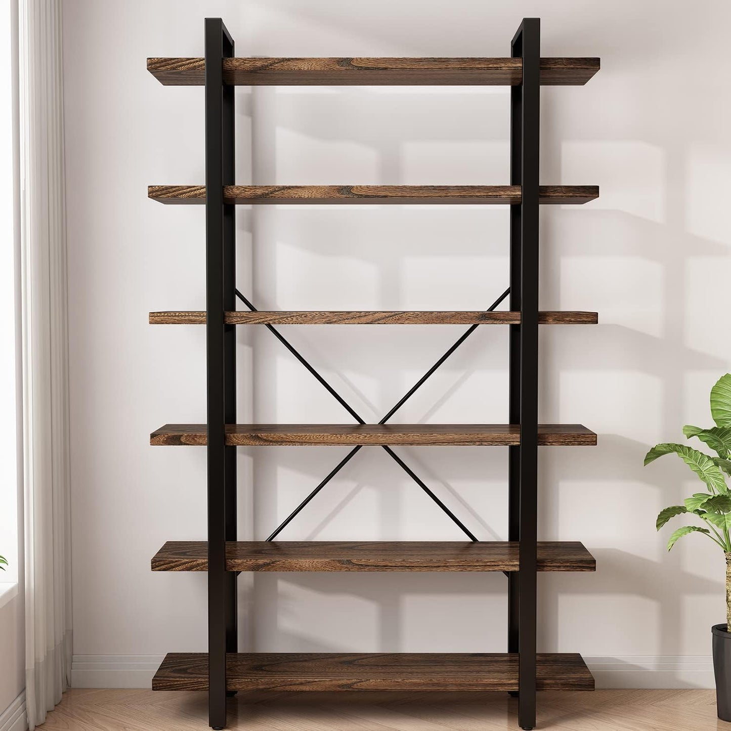 Solid Wood Bookcase and Book Shelves Wood and Metal Shelving Unit 6 Tier Bookshelf Modern Rustic Open Bookshelf Office,Distressed Brown (AY-02-6Tier)