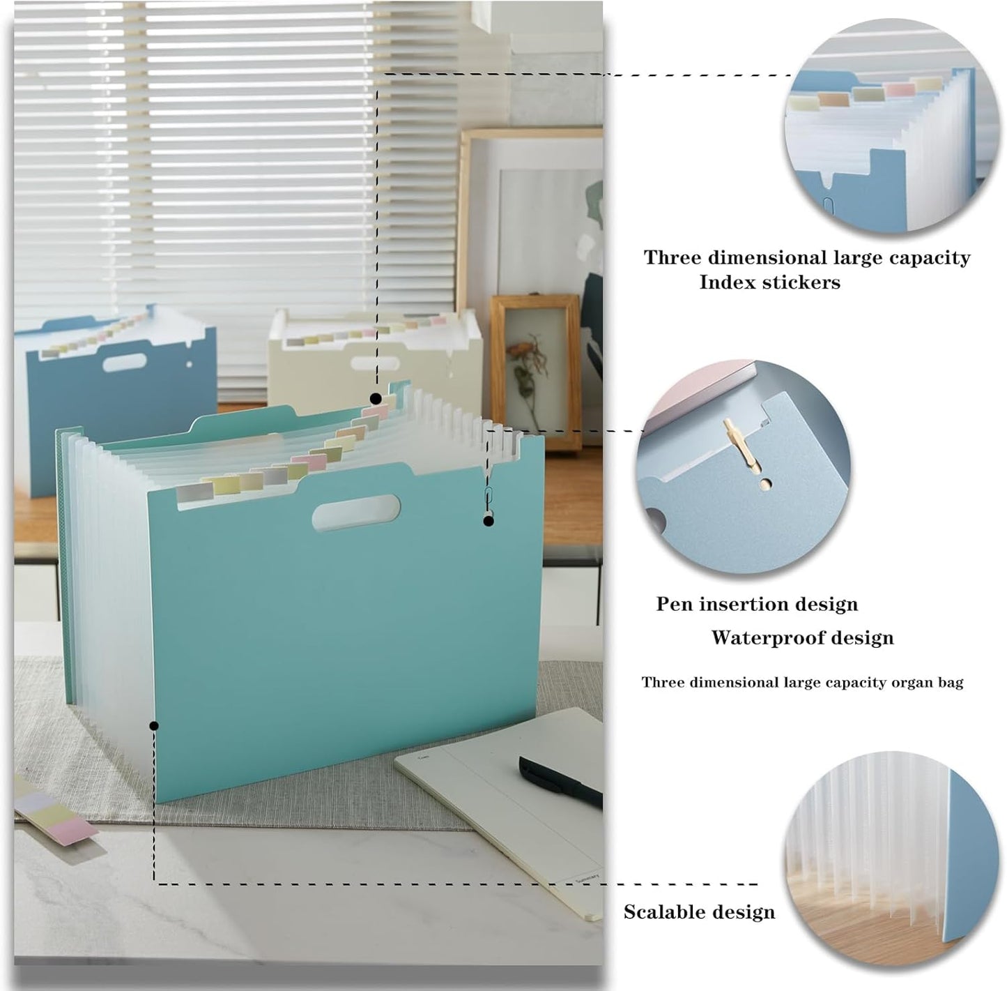 2-Piece Accordion Folder Manager, 12 Grid Expansion Pages, Upright and Open Portable Monthly Bill and Receipt Managers, Color Labels, School, Home, and Office letterhead/A4 Size Green