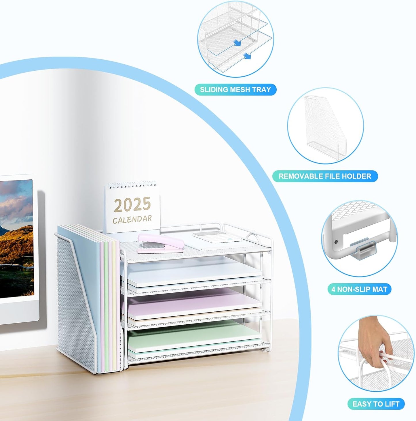 Spacrea Desk Organizers and Accessories, Paper Organizer for Desk with File organizer, Desk Accessories & Workspace Organizers for Office Supplies (White)