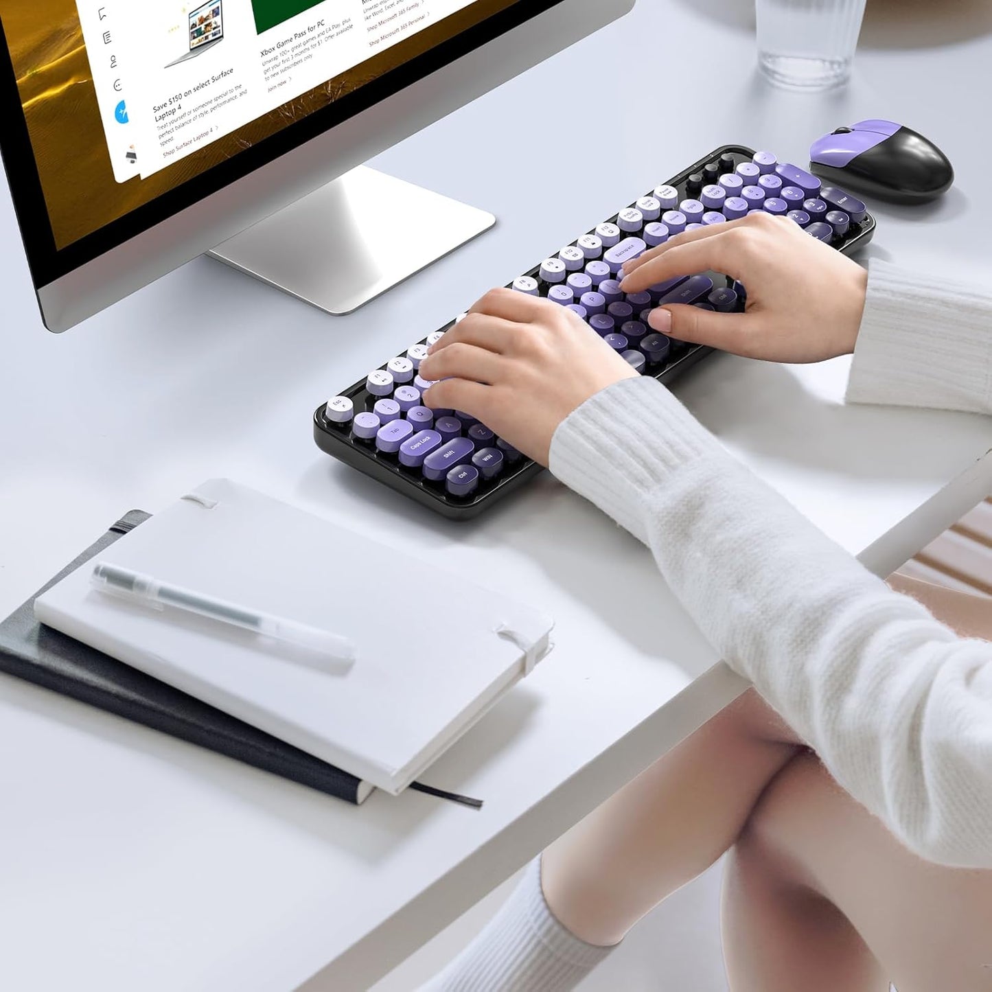 MOFII Wireless Keyboard and Mouse Combo, 2.4GHz Retro Typewriter Keyboard Full Size, Cute Wireless Mice, USB Dongle Plug and Play, for Laptop, PC, Desktop, Windows (Black Purple Gradient Color)