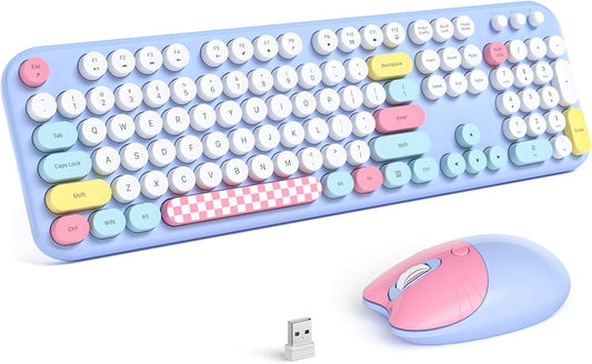 Wireless Keyboard and Mouse, Full Size Typewriter Keyboard and Cute Cat Shape Design Mouse Combo for Windows 7/8/10, Laptop, Desktop, PC, Computer (Blue)