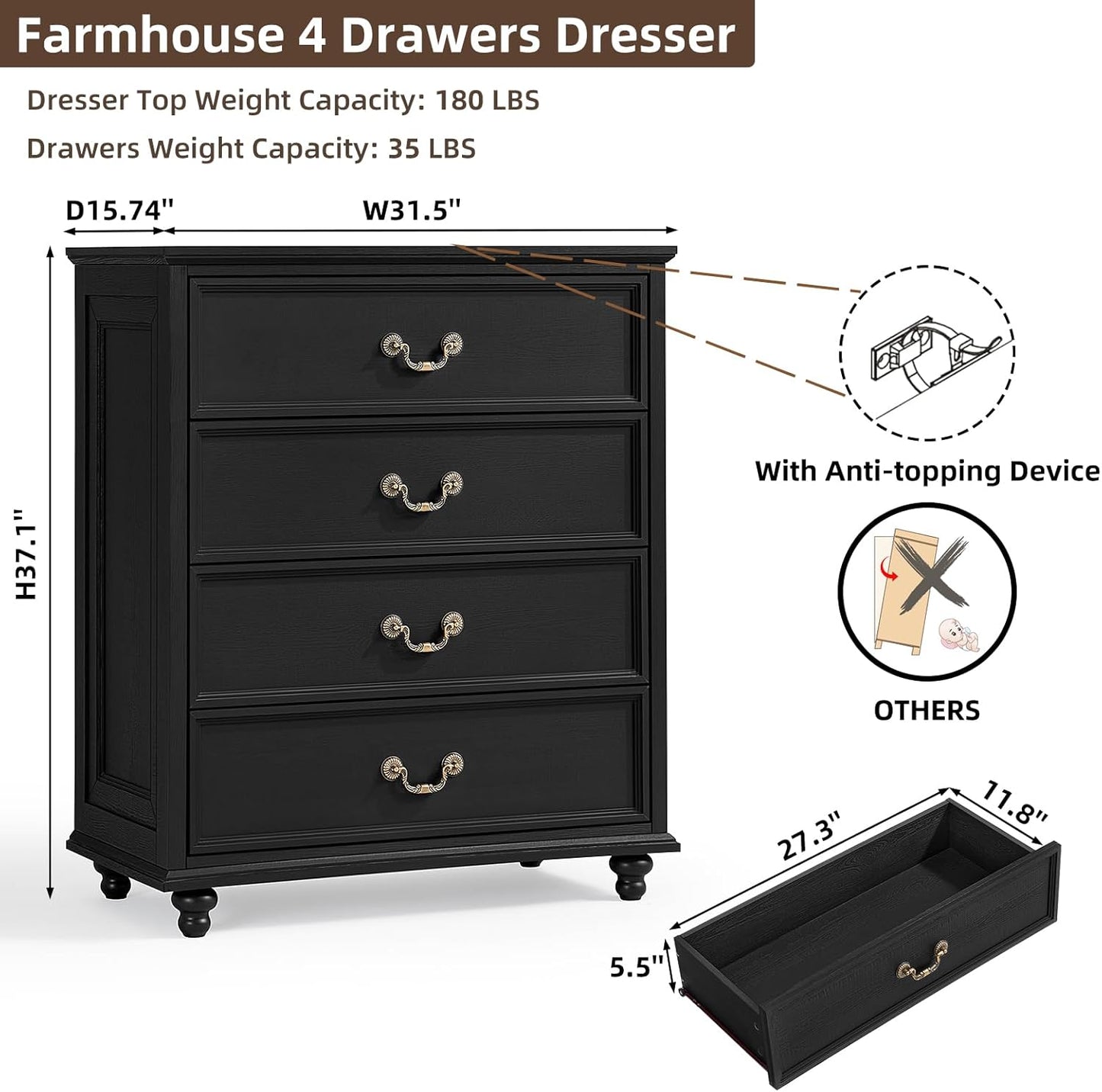 Farmhouse 4 Drawer Dresser for Bedroom, 37" Tall Rustic Chests of Drawers w/ 4 Solid Wood Feet, Mid Century Modern Wooden Closet Storage Dressers Organizer for Living Room, Hallway, Black