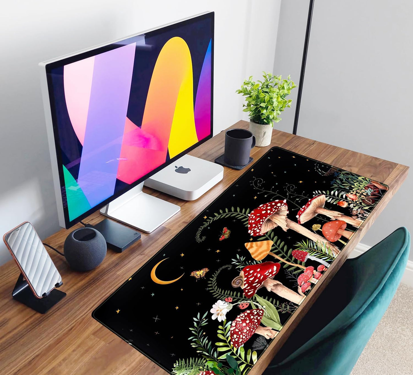 Ferns Leaves Cute Mushrooms Desk Mat Kawaii Green Plants Mouse Pad Xl Mat Large Gaming Desk Pad For Desk Decor Laptop Computer Keyboard Pad Desk Home Office For Women With Stitched Rounds 31.5x15.7 In